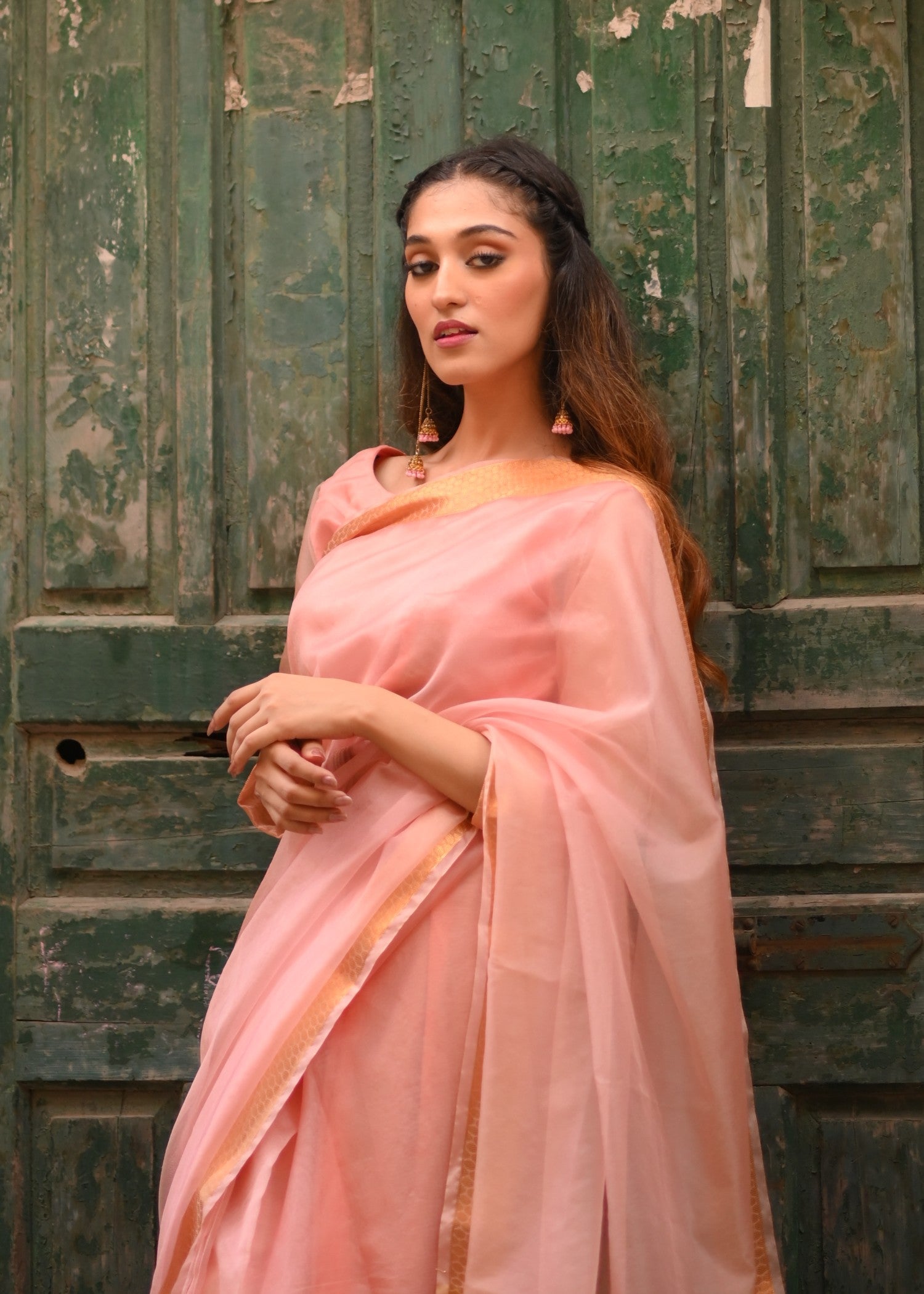 zari organza Saree in Blush pink