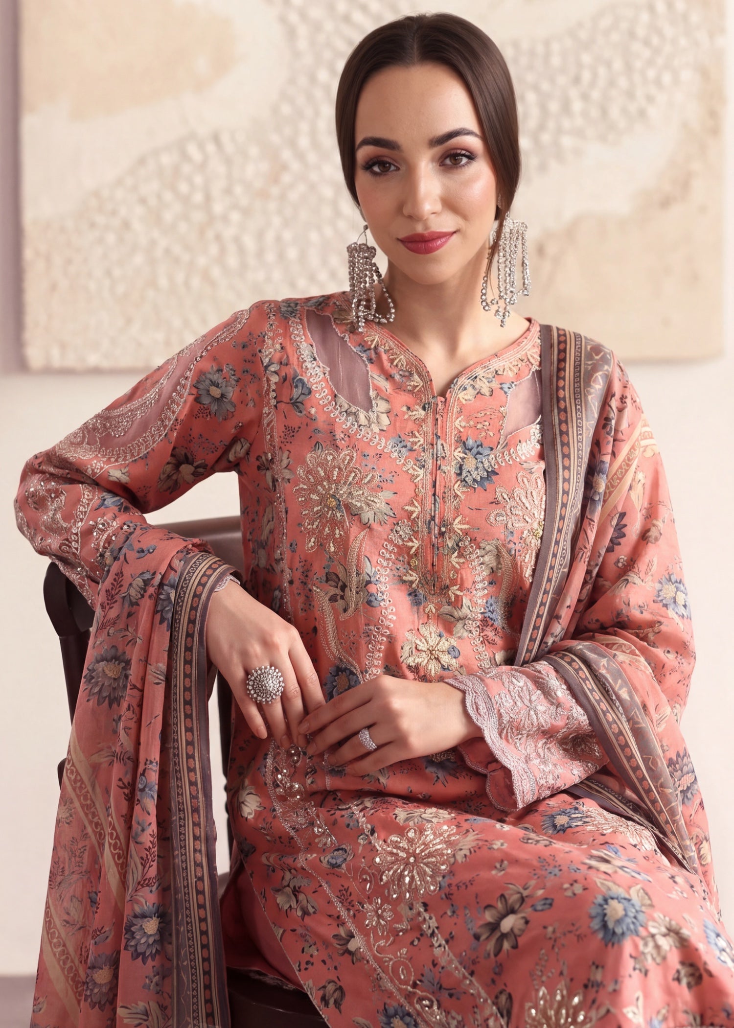lawn cotton Kurta Set in Peach pink, coral pink