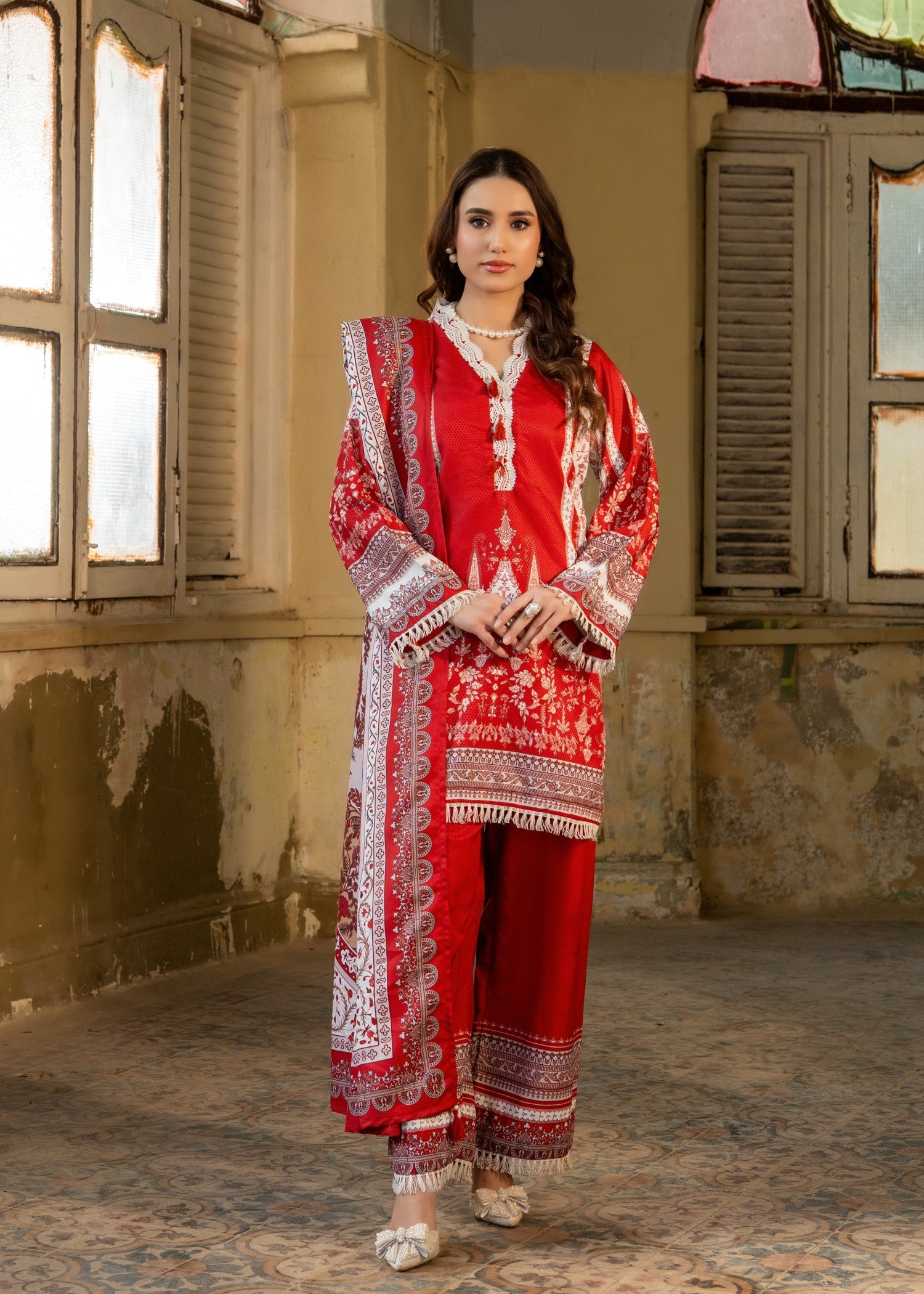 herringbone Kurta Set in Red