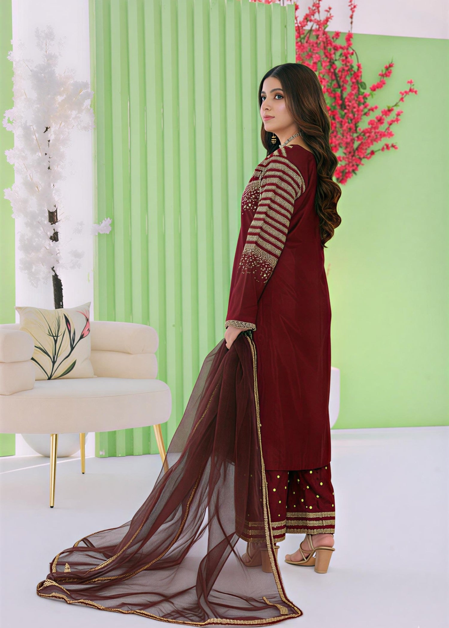 korean raw silk Kurta Set in Maroon
