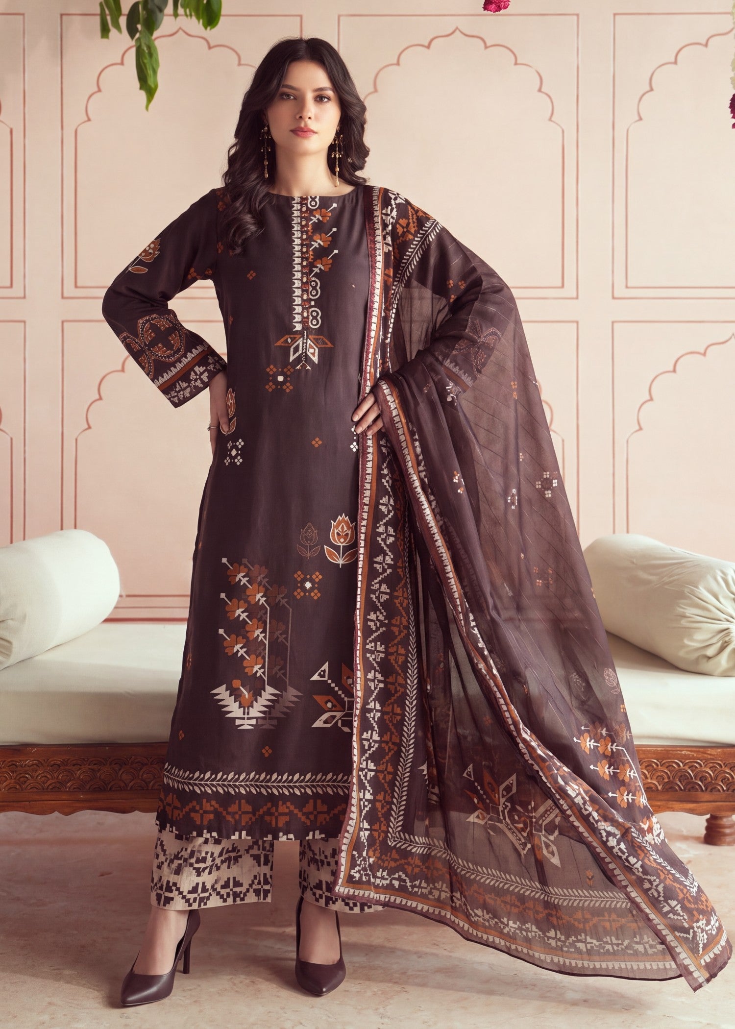 lawn Kurta Set in Coffee brown