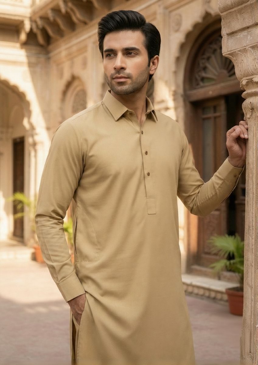 wash & wear Shalwar Kameez in Gold, khaki brown by Dulha Fashion House
