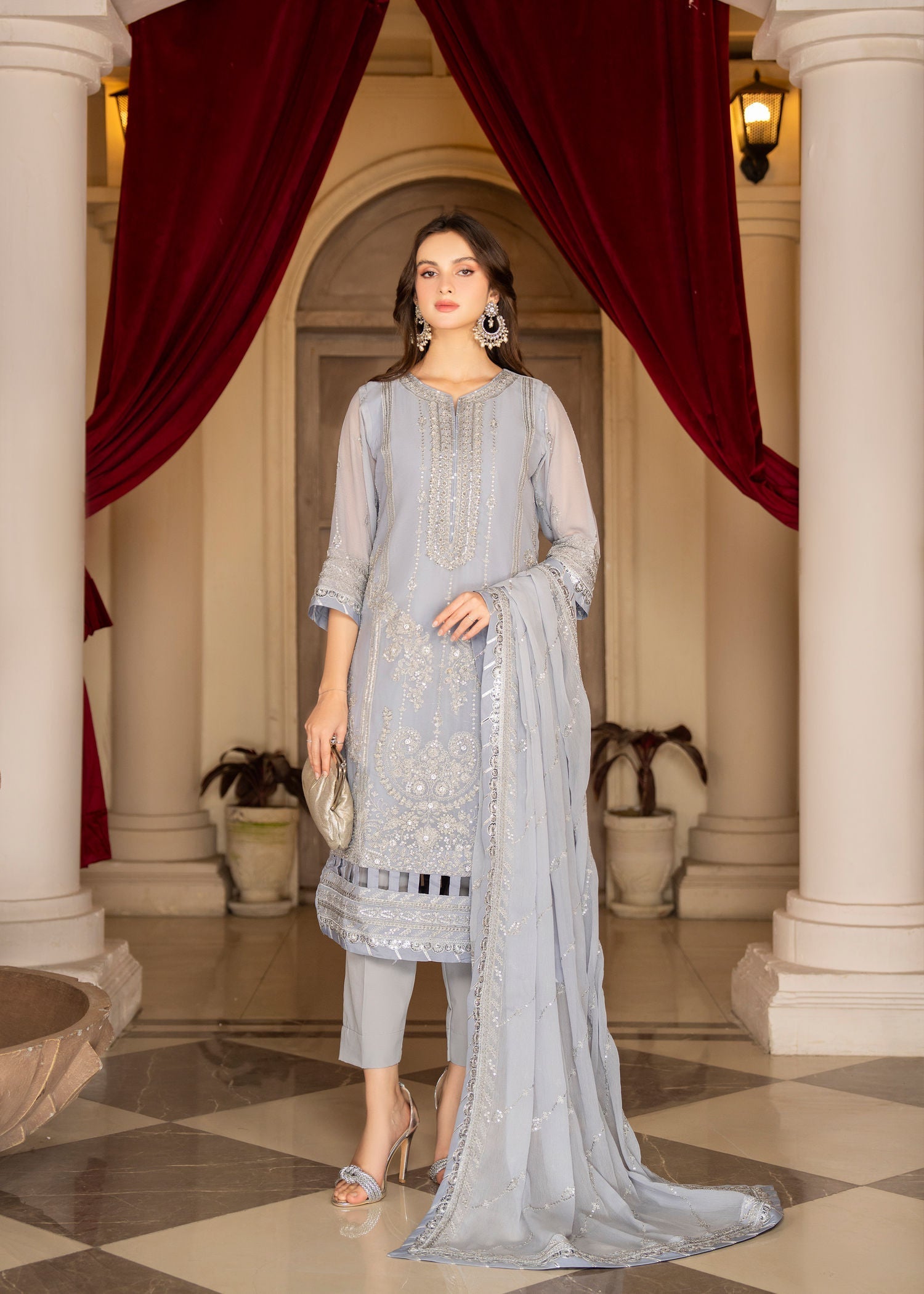polyester crepe Kurta Set in Grey