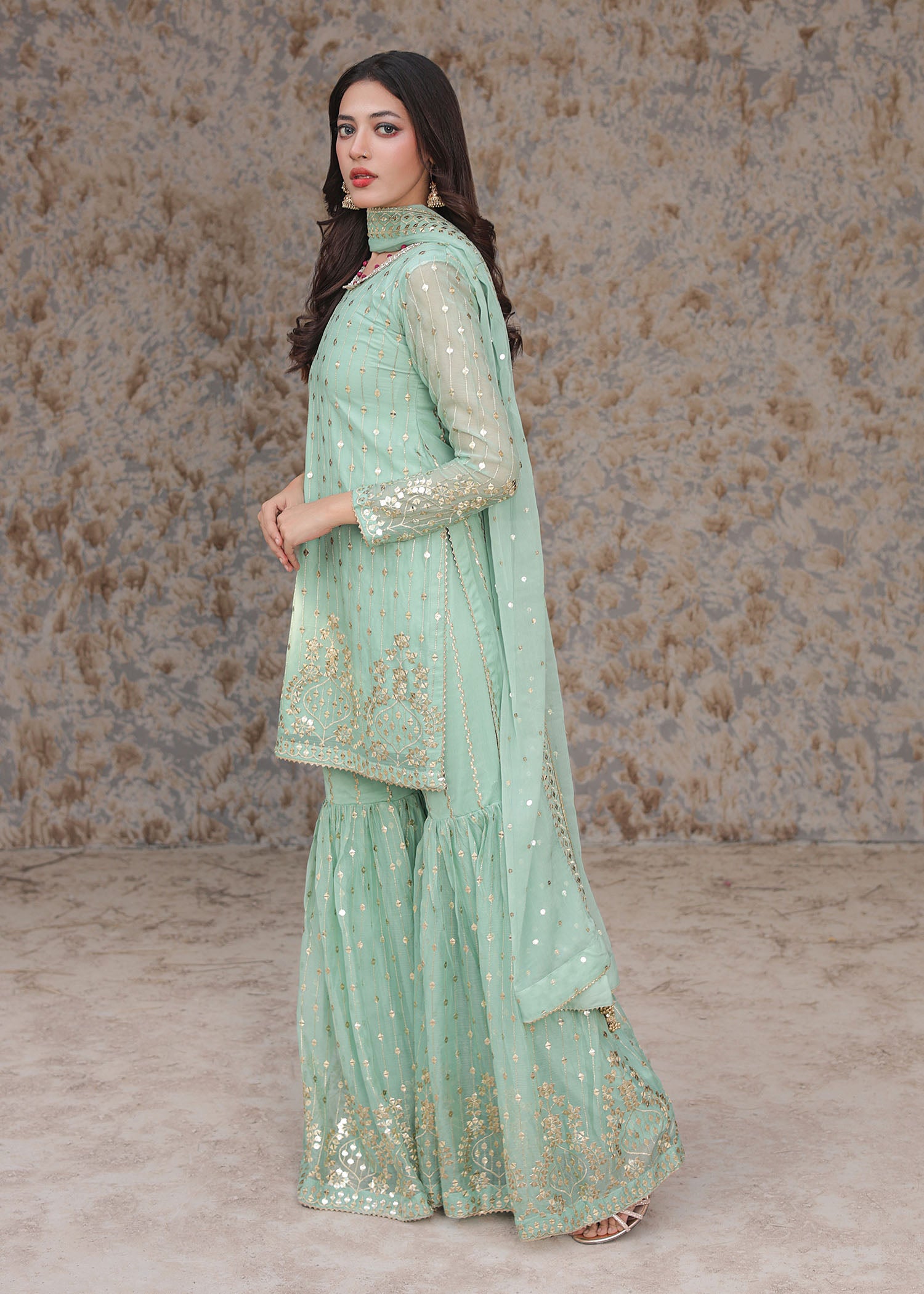 chiffon Gharara in Pastel green