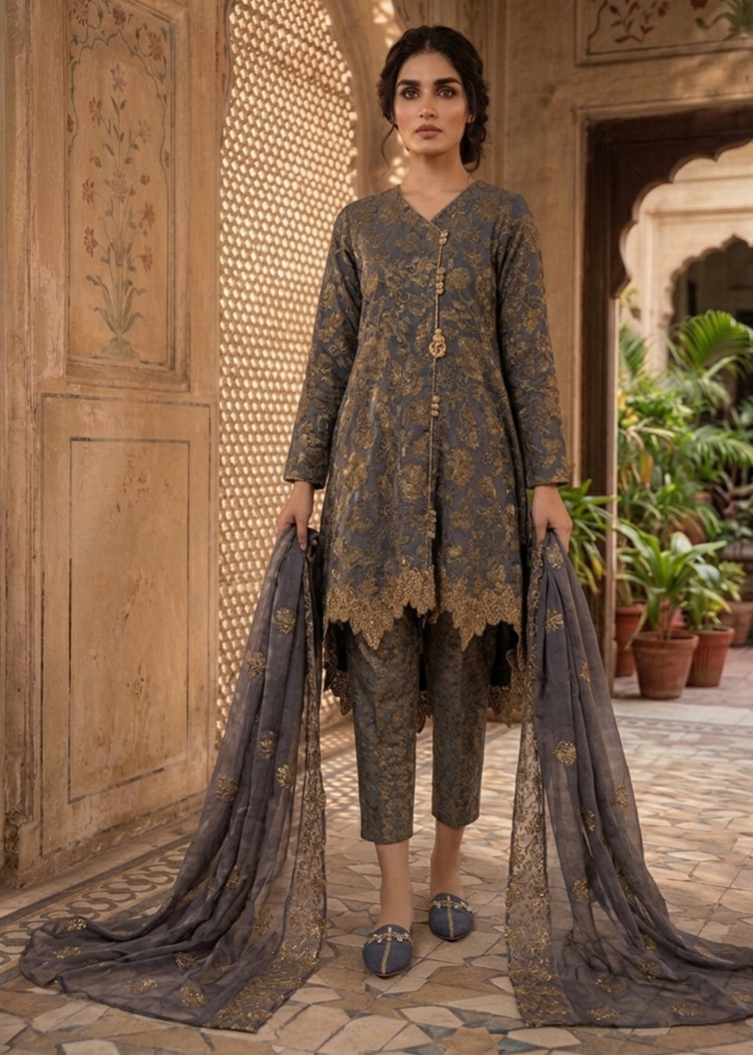 silk Angrakha in Grey