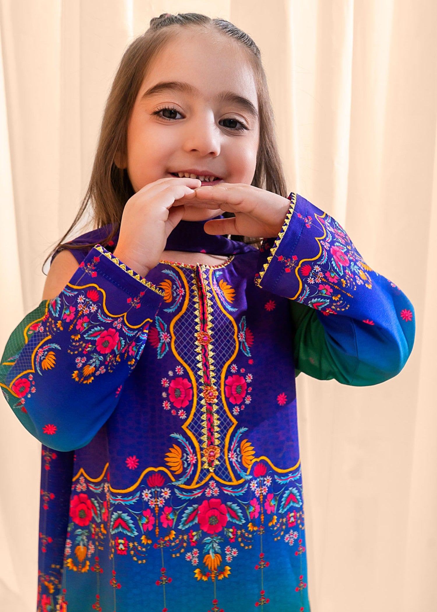 poly lawn Kurta Set in Blue, green