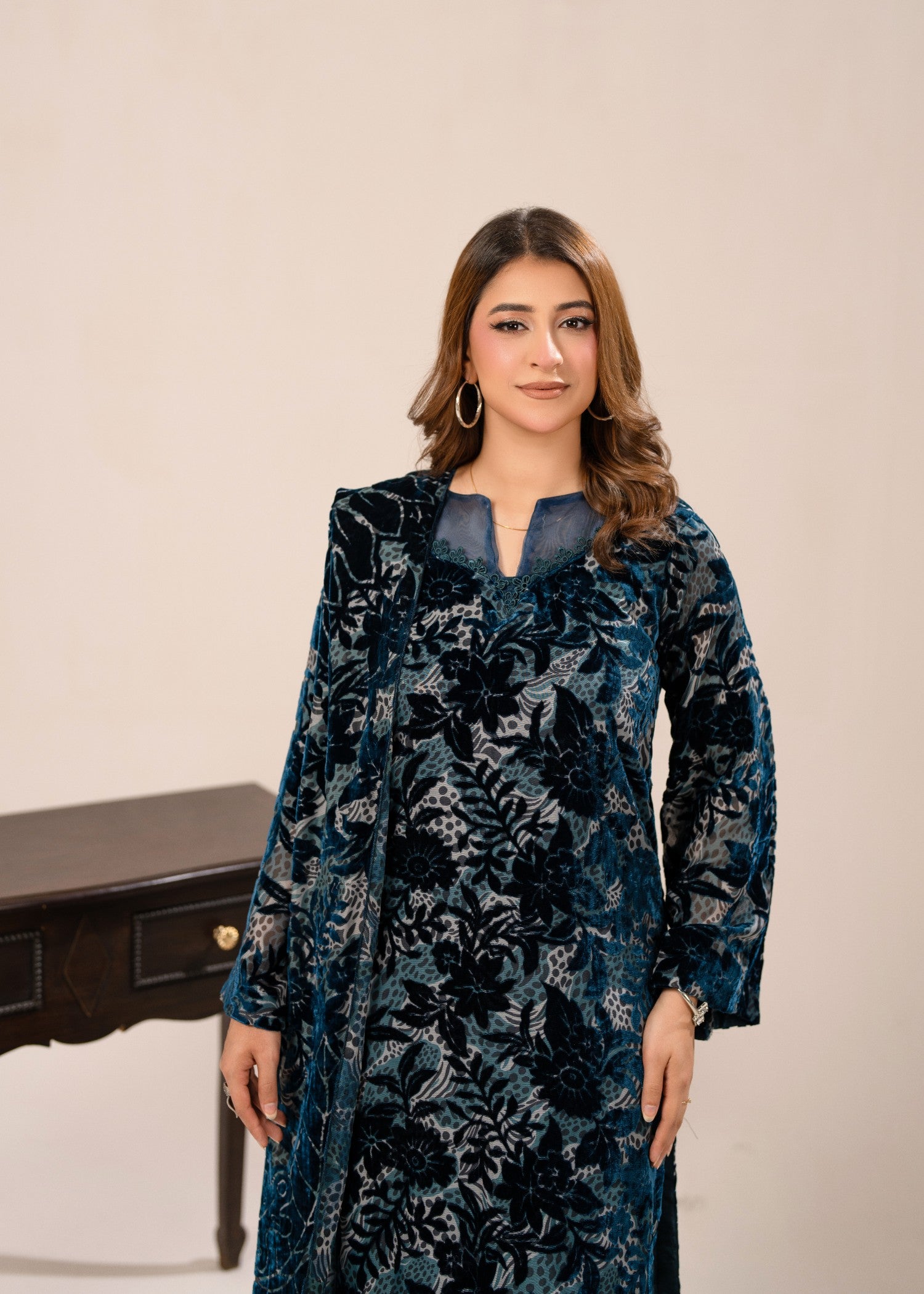 velvet Kurta Set in Pine green