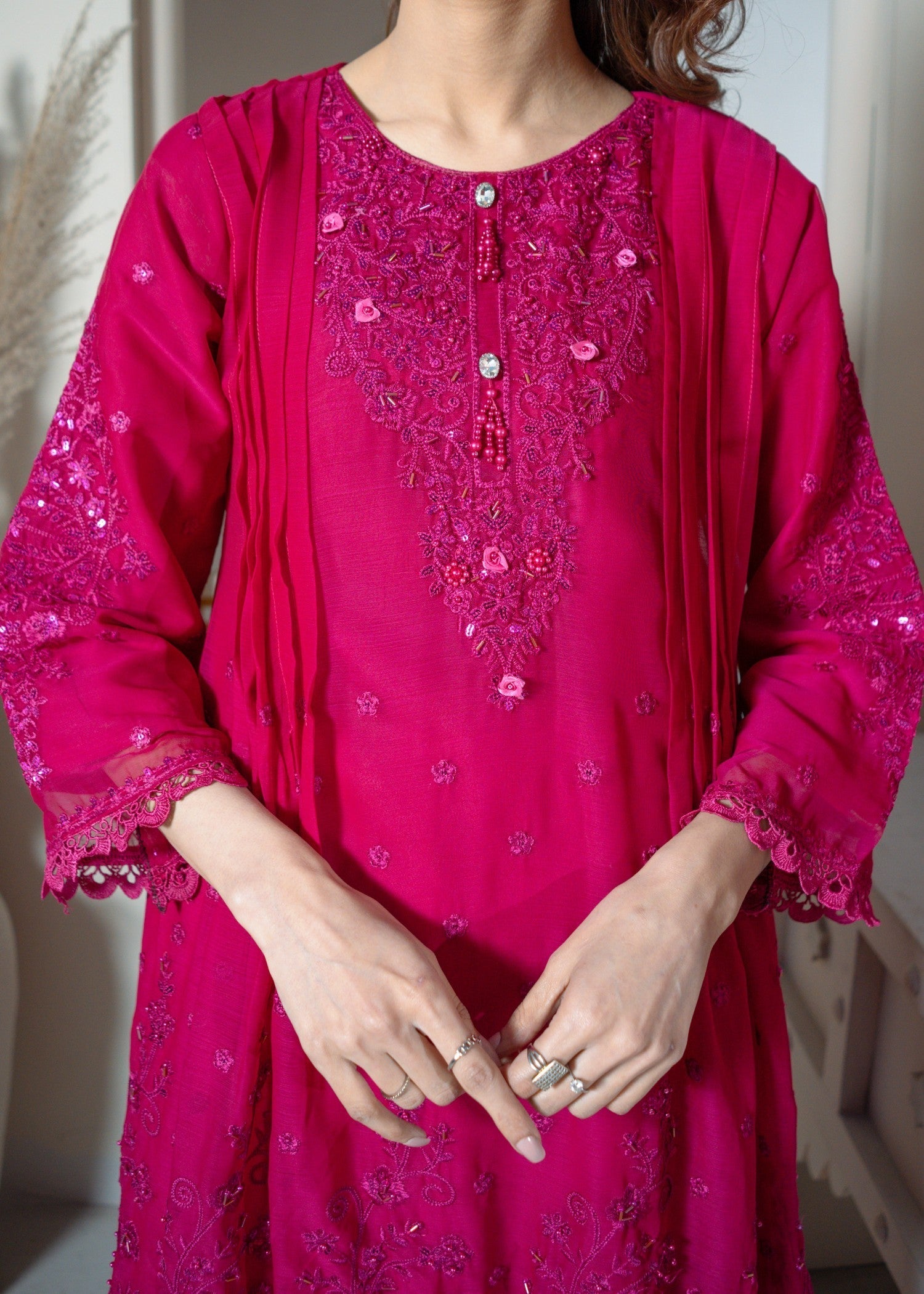 chiffon Short Frock in Hot pink