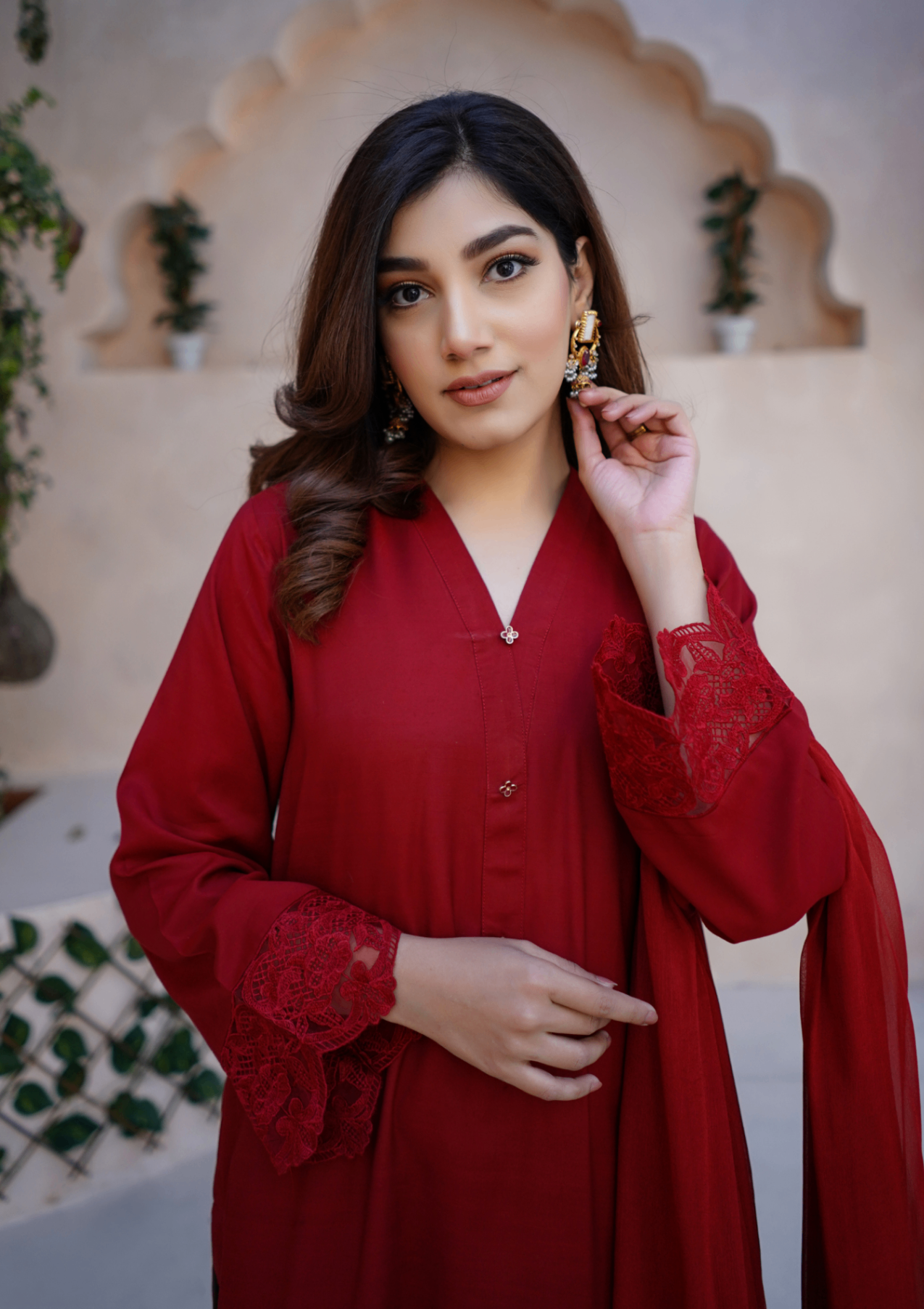 viscose raw silk Kurta Set in Red