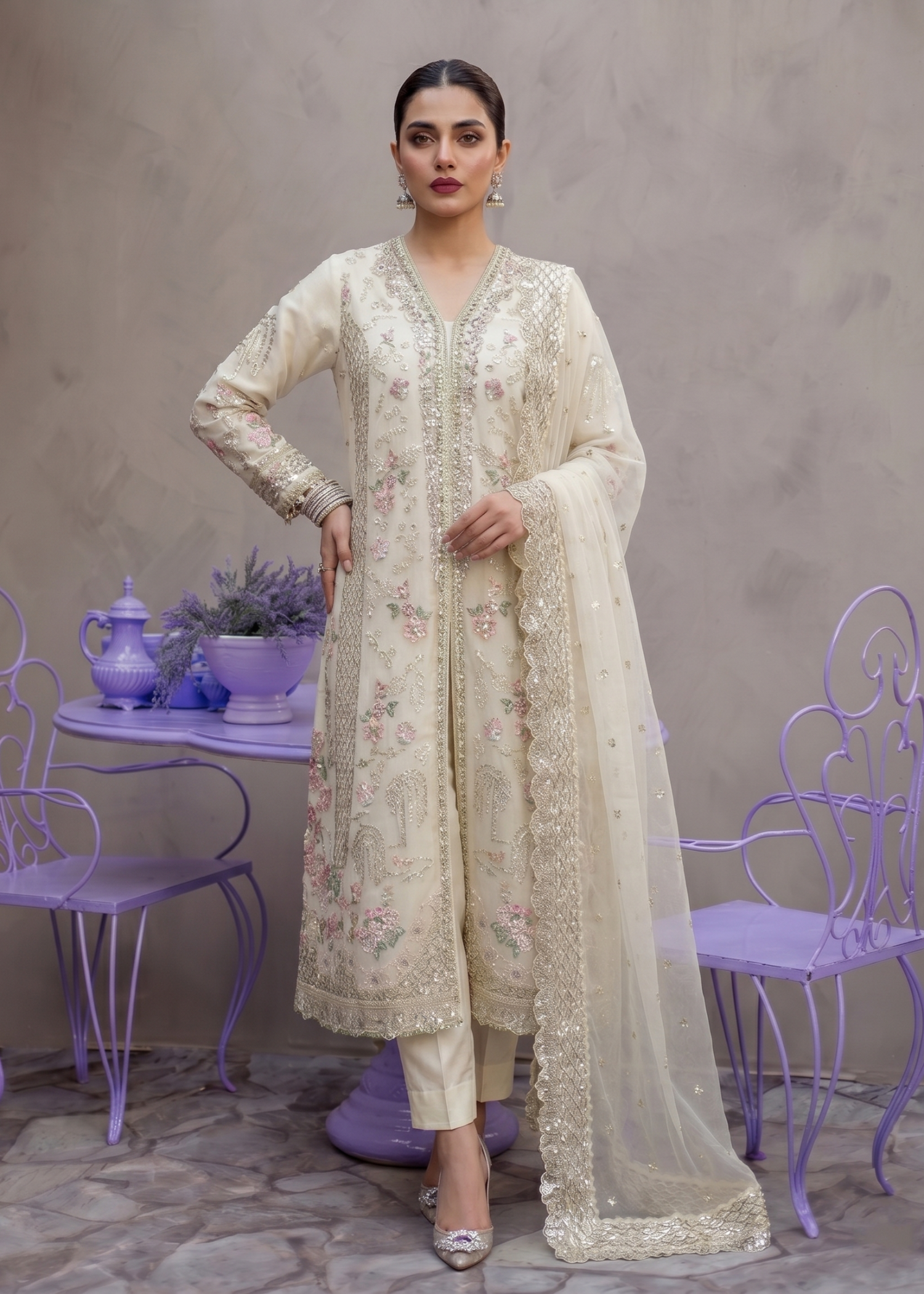 organza Kurta Set in Off-white