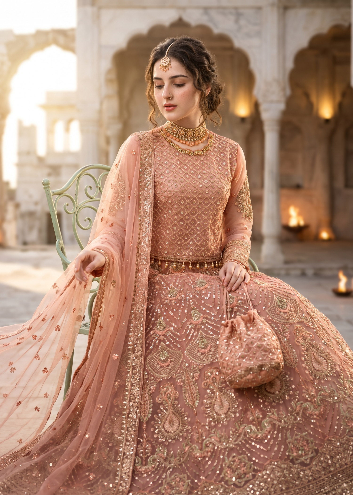 net Lehenga in Peach pink