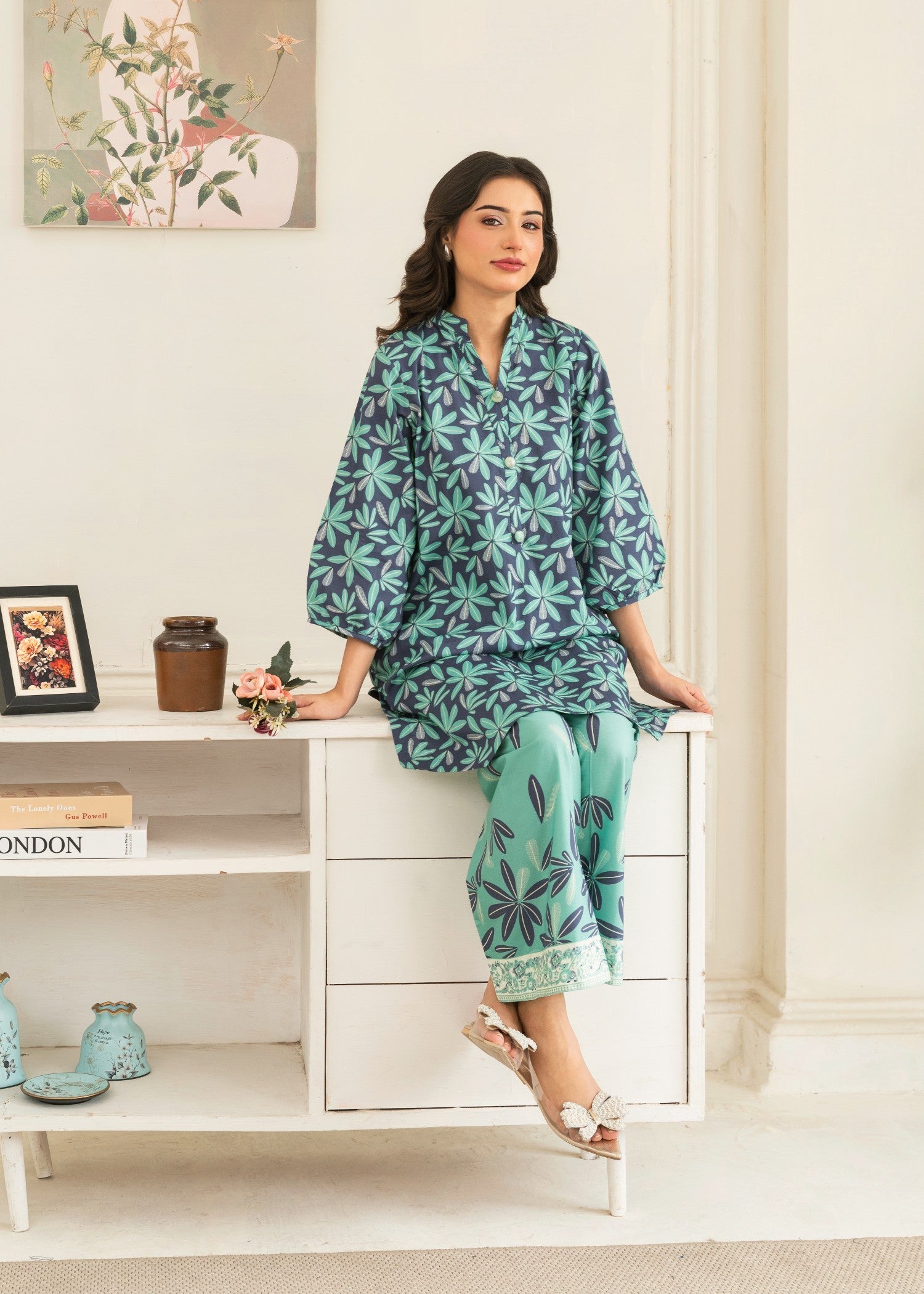 cotton Kurta Set in Turquoise, navy blue