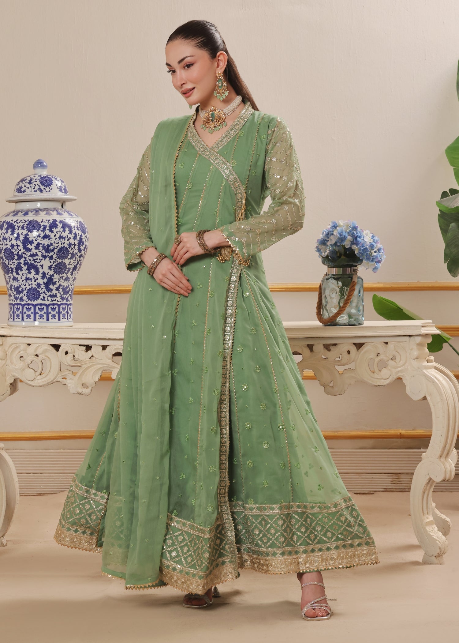 chiffon Angrakha in Pastel green