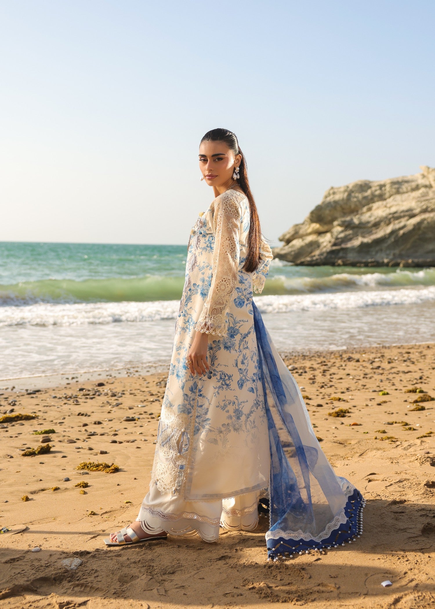 lawn Kurta Set in Blue, white