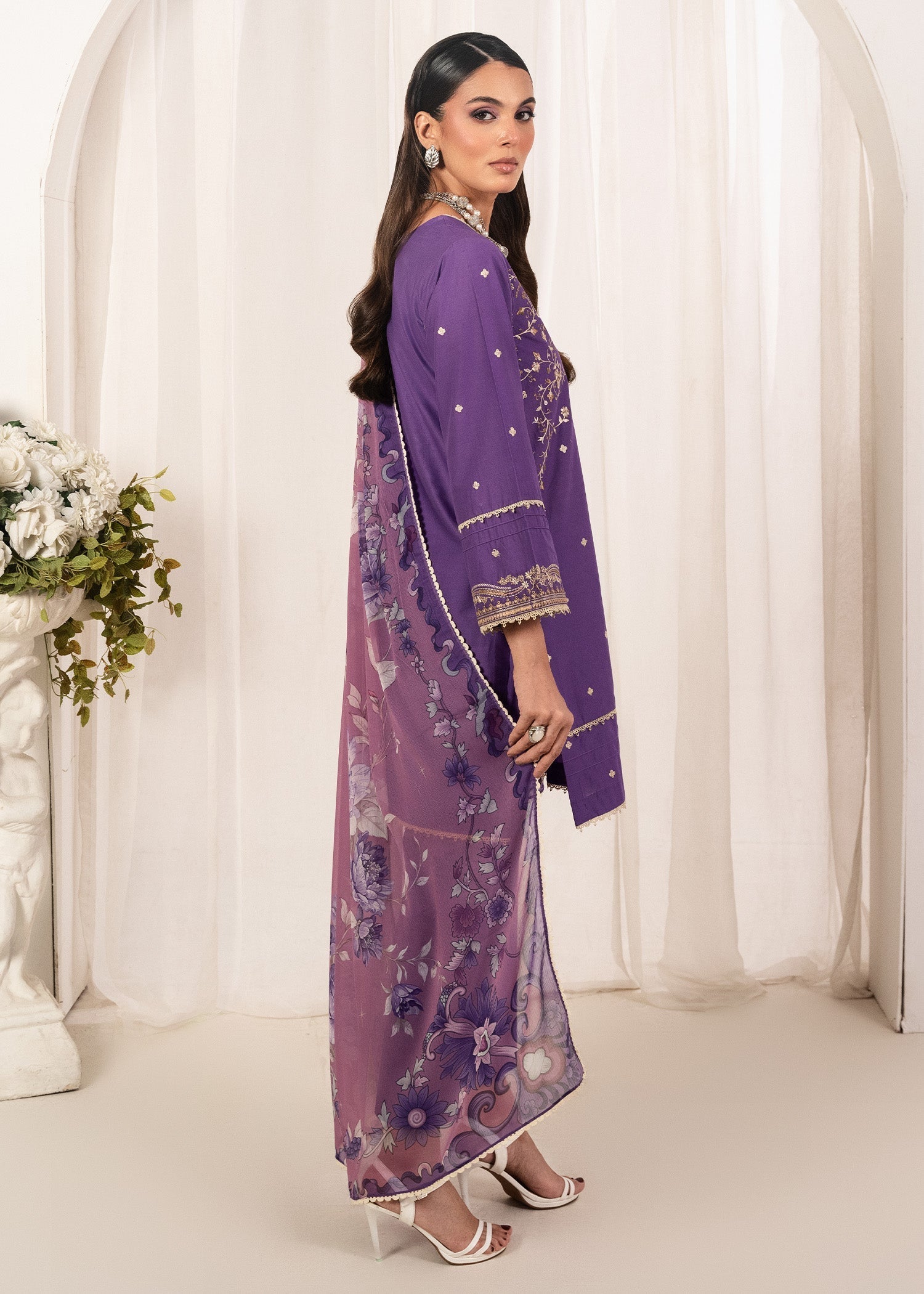 cambric cotton Kurta Set in Purple
