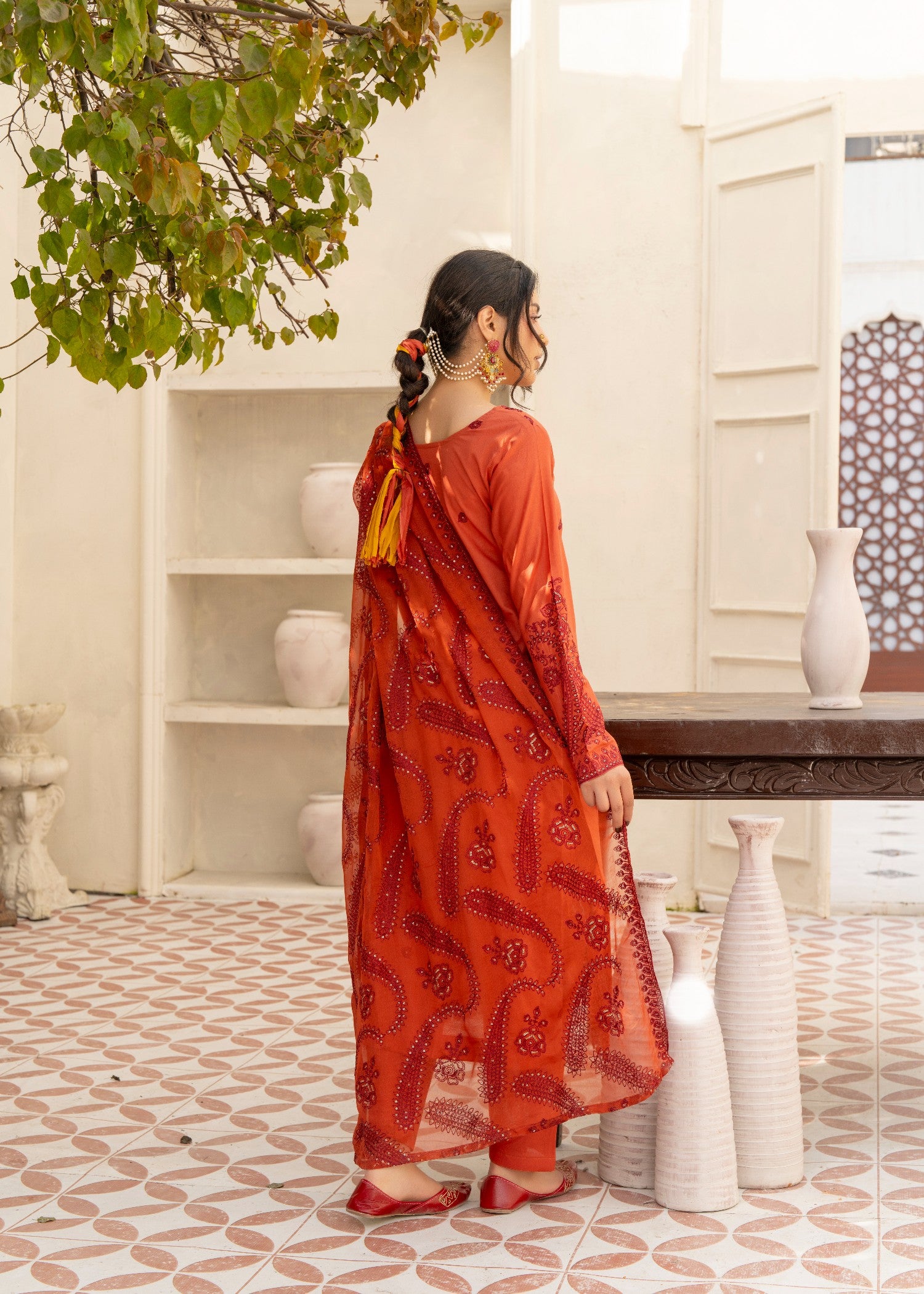 lawn cotton Kurta Set in Chili orange