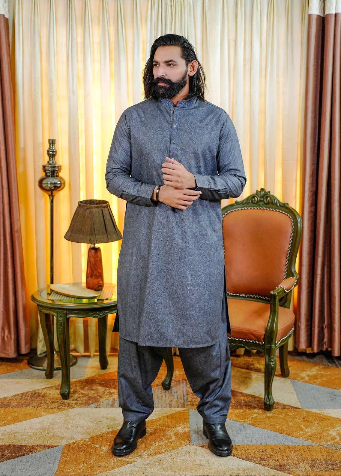 acrylic wool Shalwar Kameez in Twilight blue