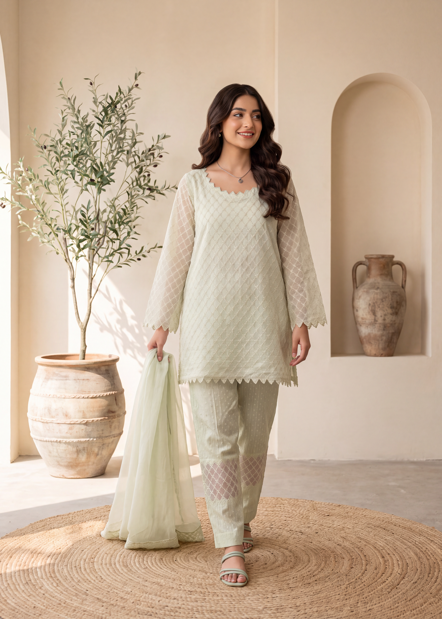 cambric cotton Kurta Set in Tea green