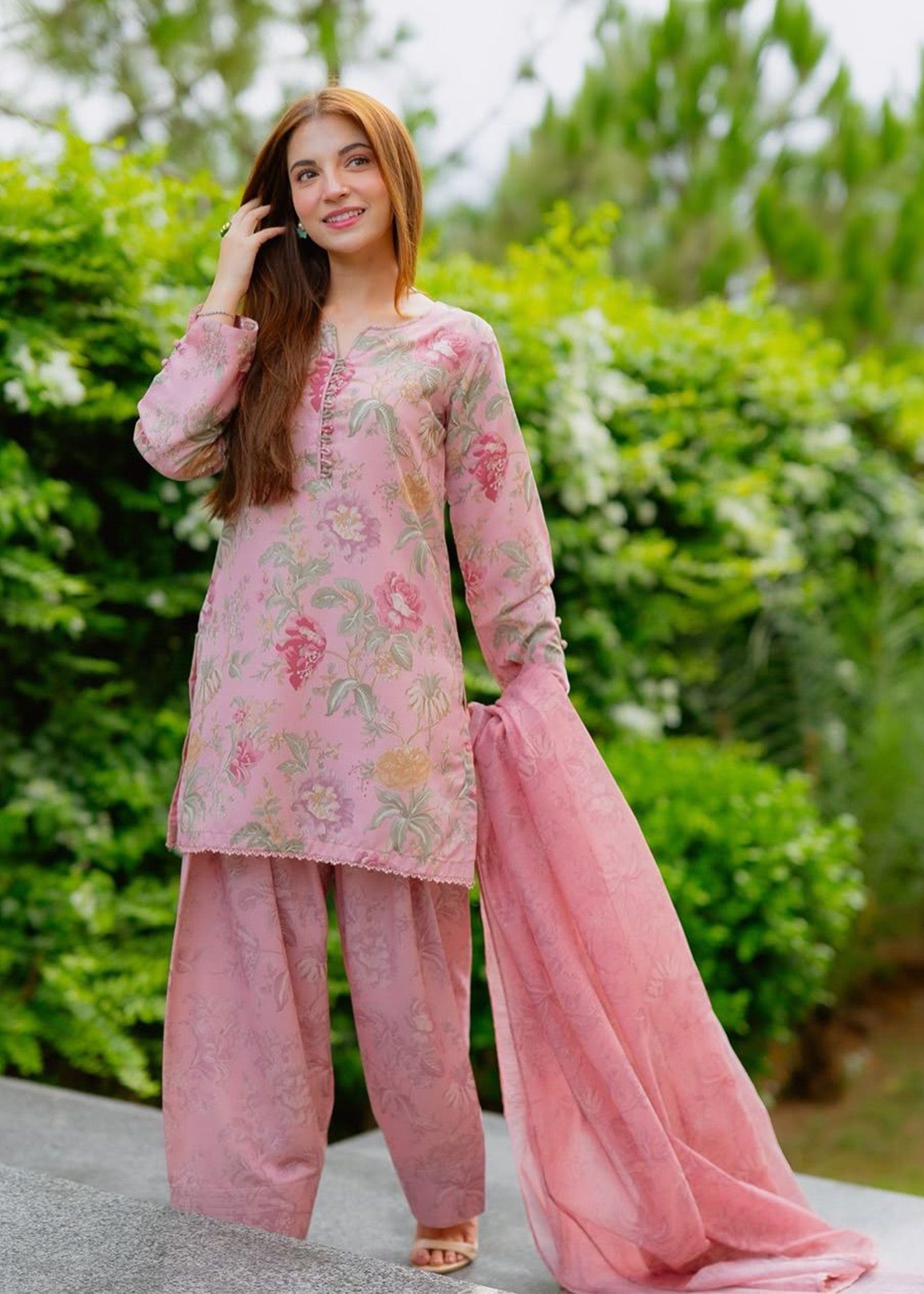 raw silk Kurta Set in Tea rose pink