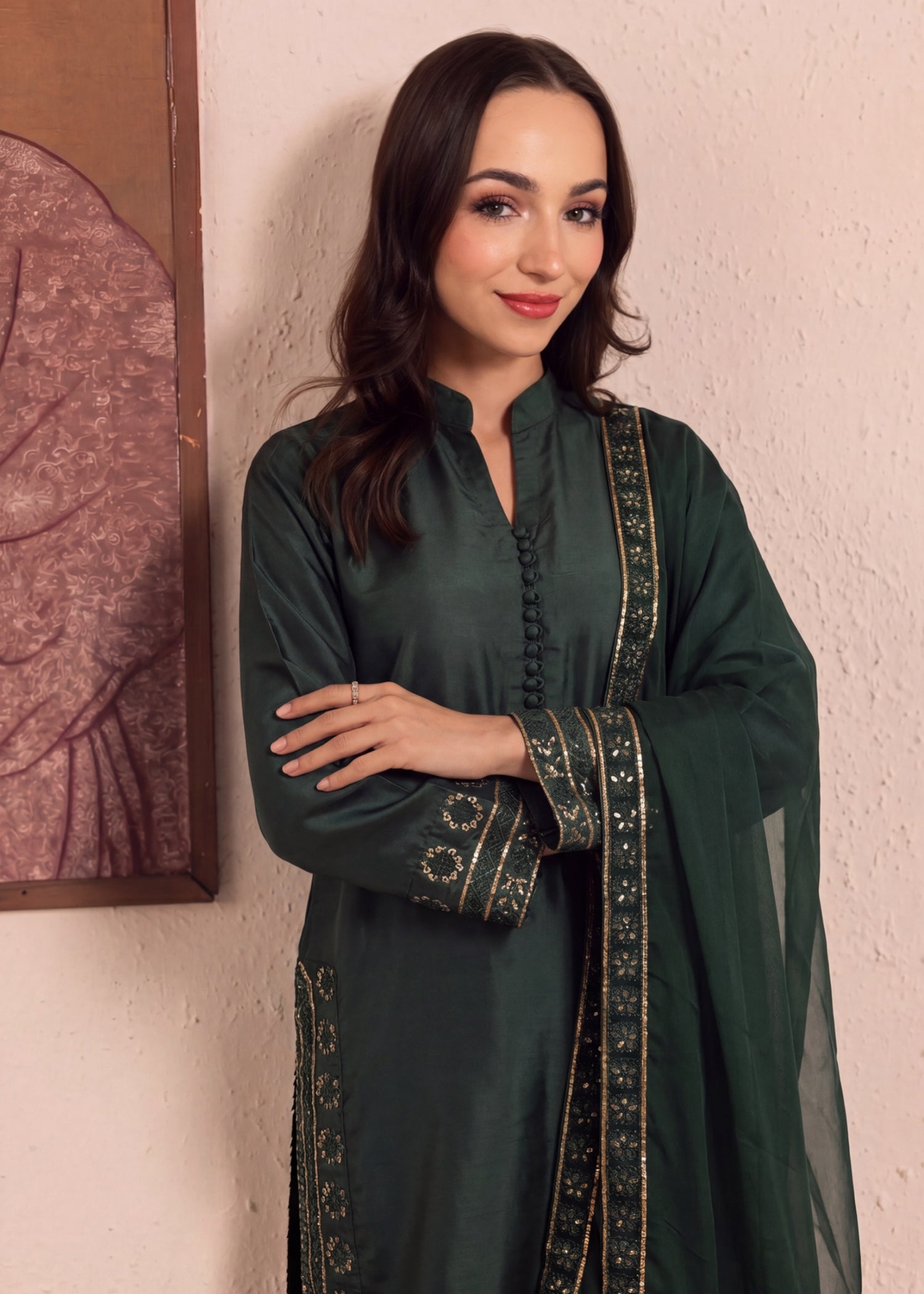 kattan silk Kurta Set in Dark green