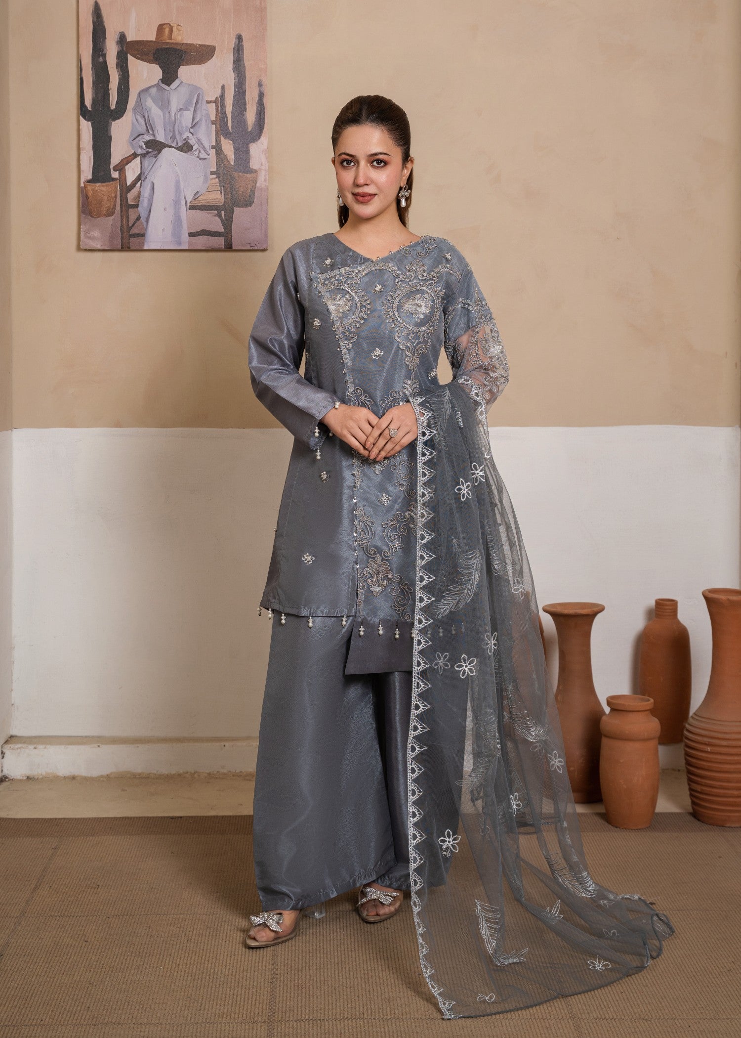 raw silk Short Frock in Slate grey