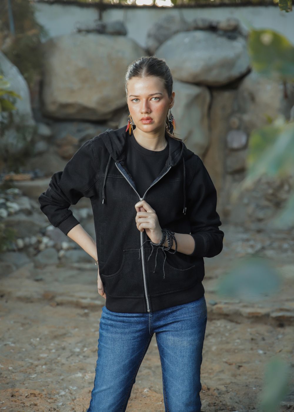 denim Hoodie in Black