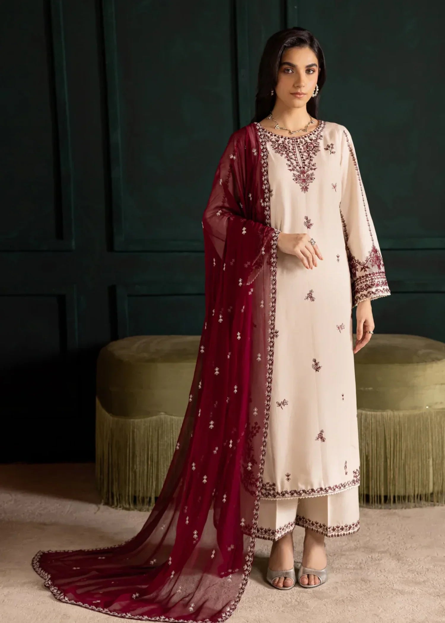 dhanak linen Kurta Set in Maroon, cream