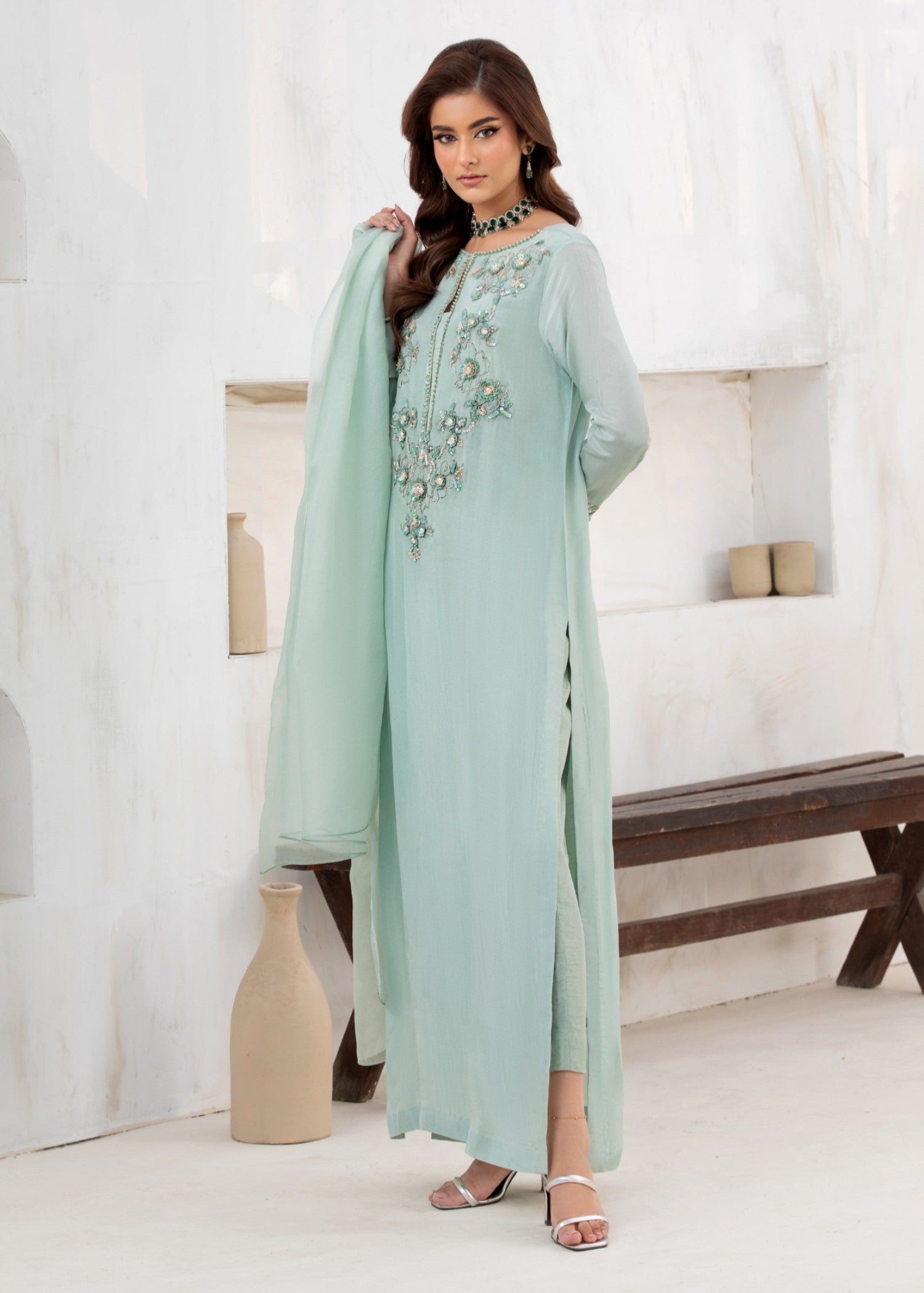 korean raw silk Kurta Set in Meadow green