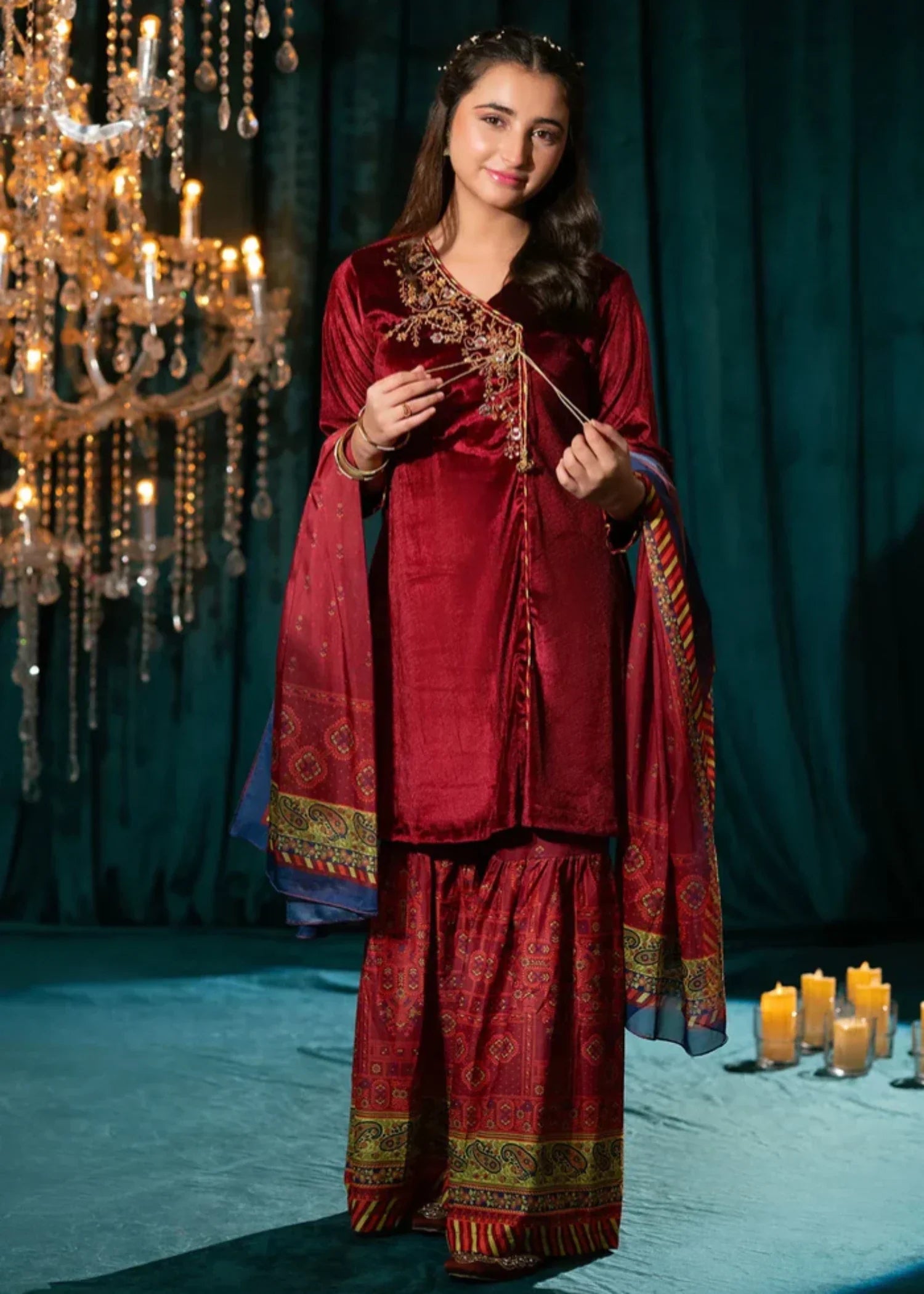 velvet Gharara in Maroon