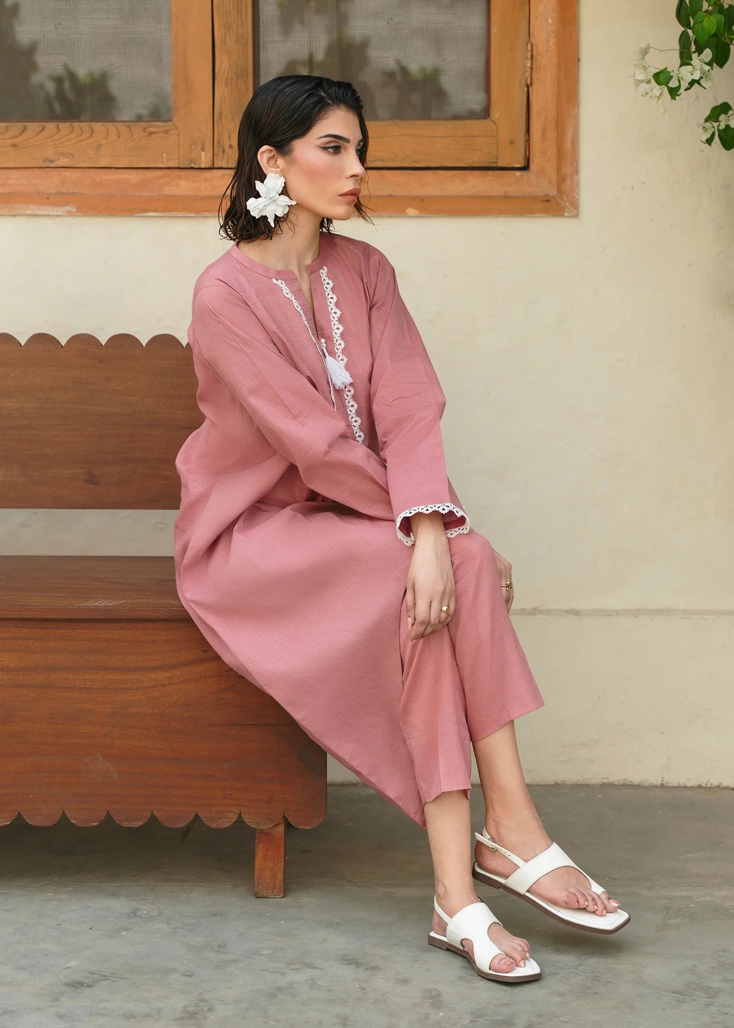 textured lawn Short Frock in Tea rose pink