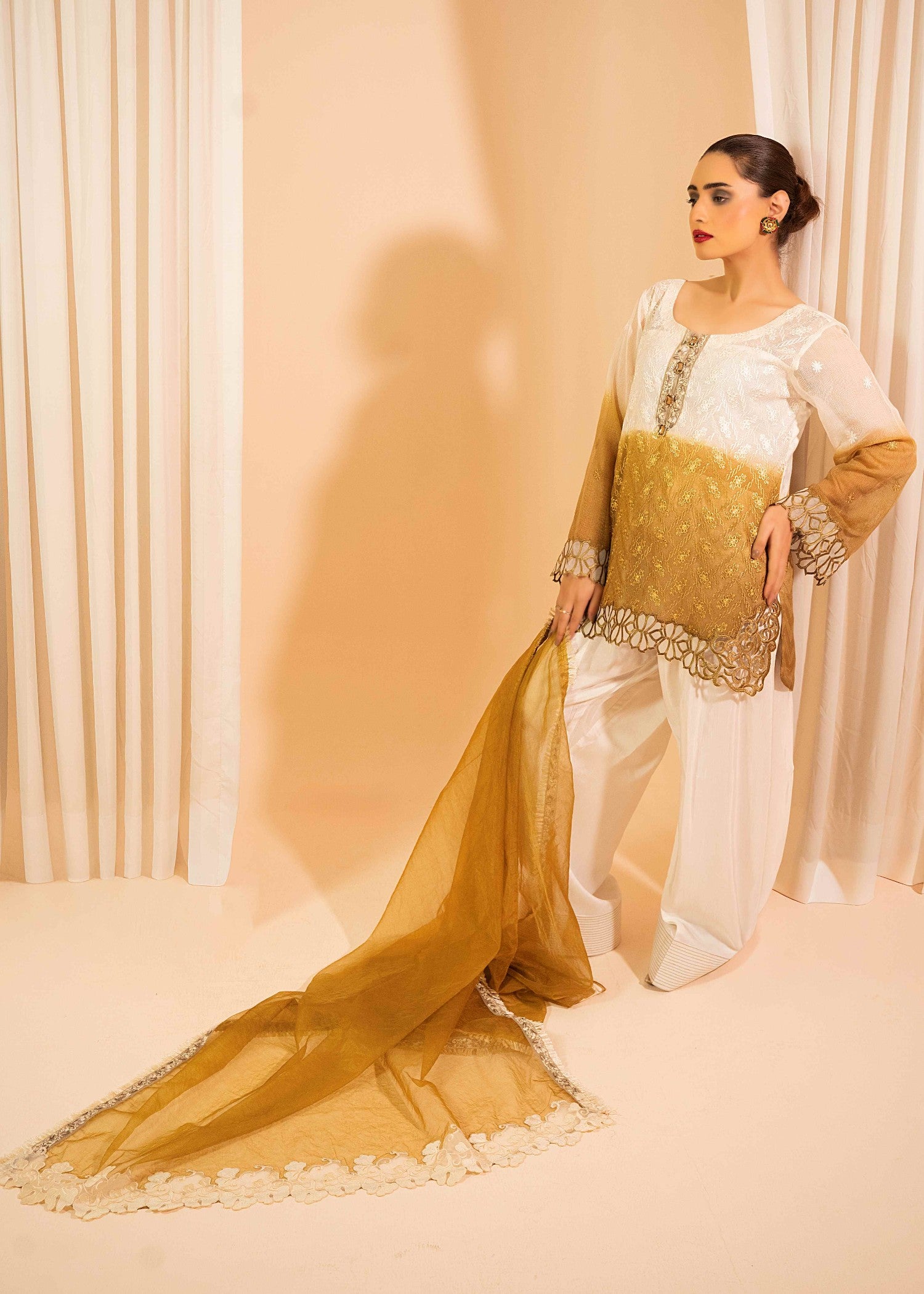 cotton net Kurta Set in Golden brown, white