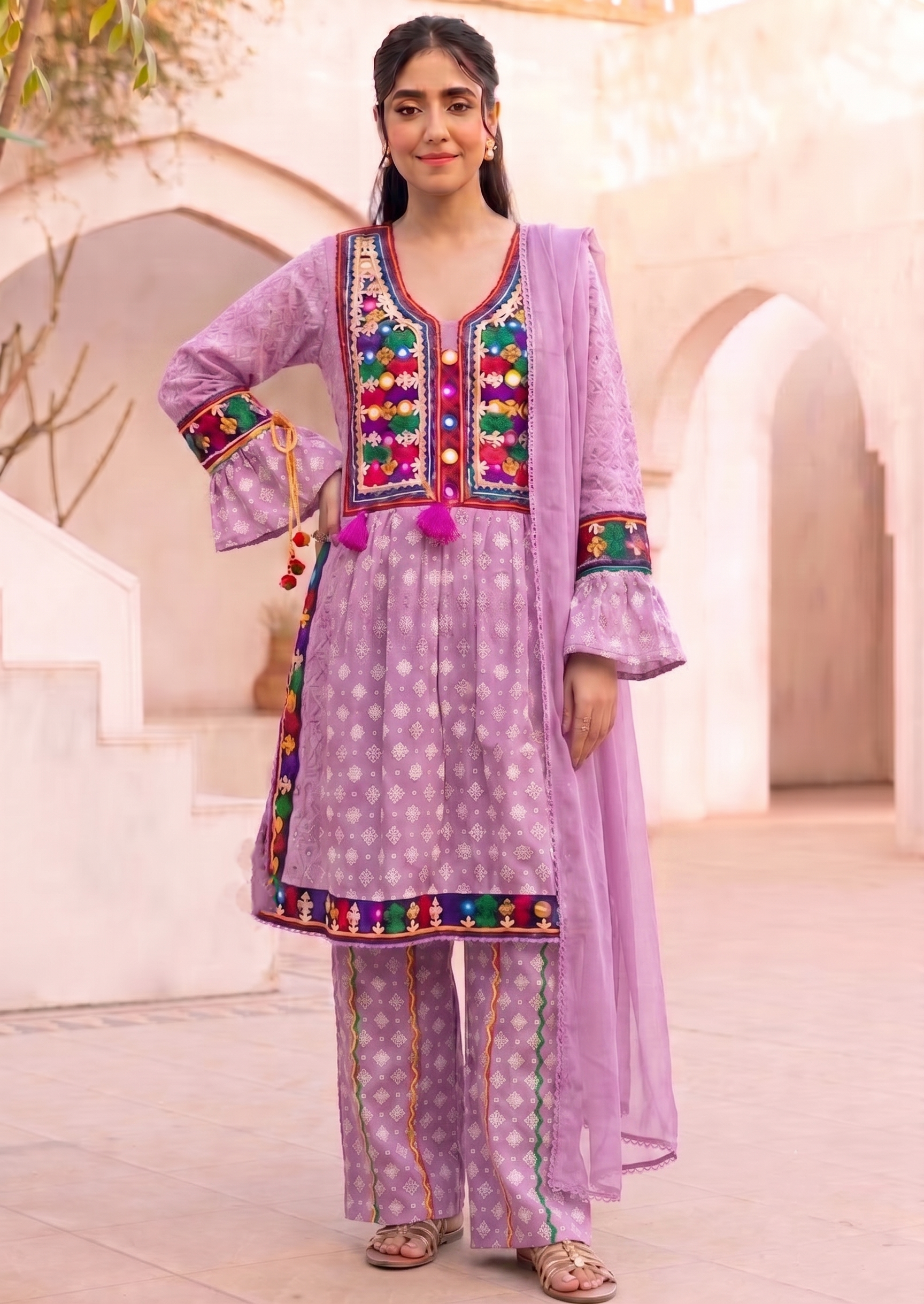 lawn cotton Kurta Set in Lavender pink