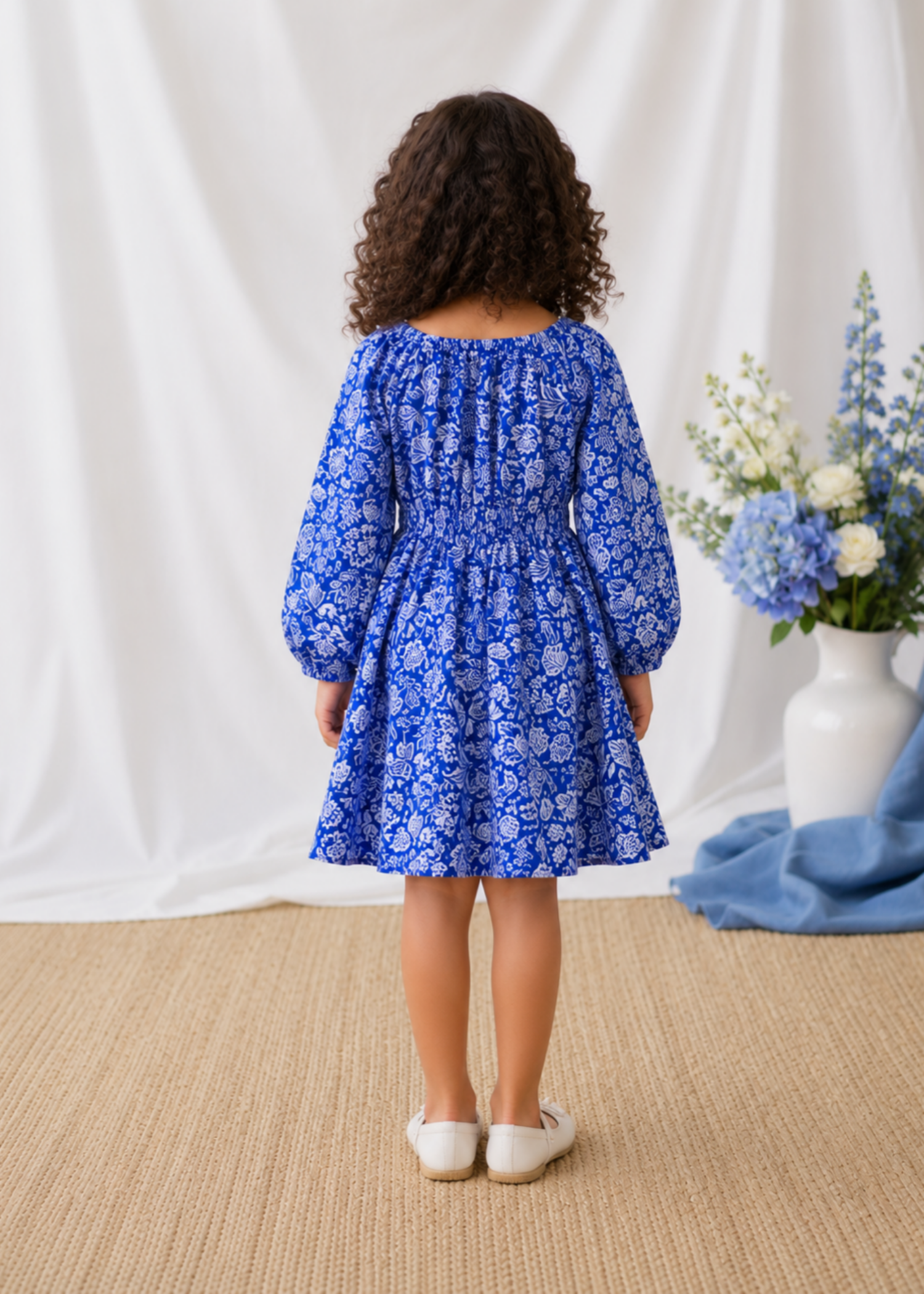 linen Frock in Blue, white