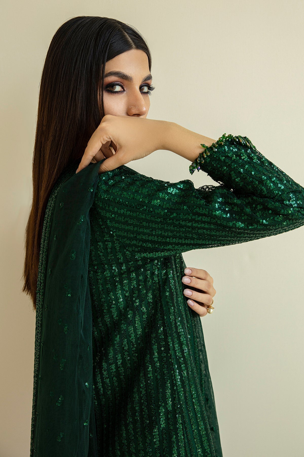 net Kurta Set in Green