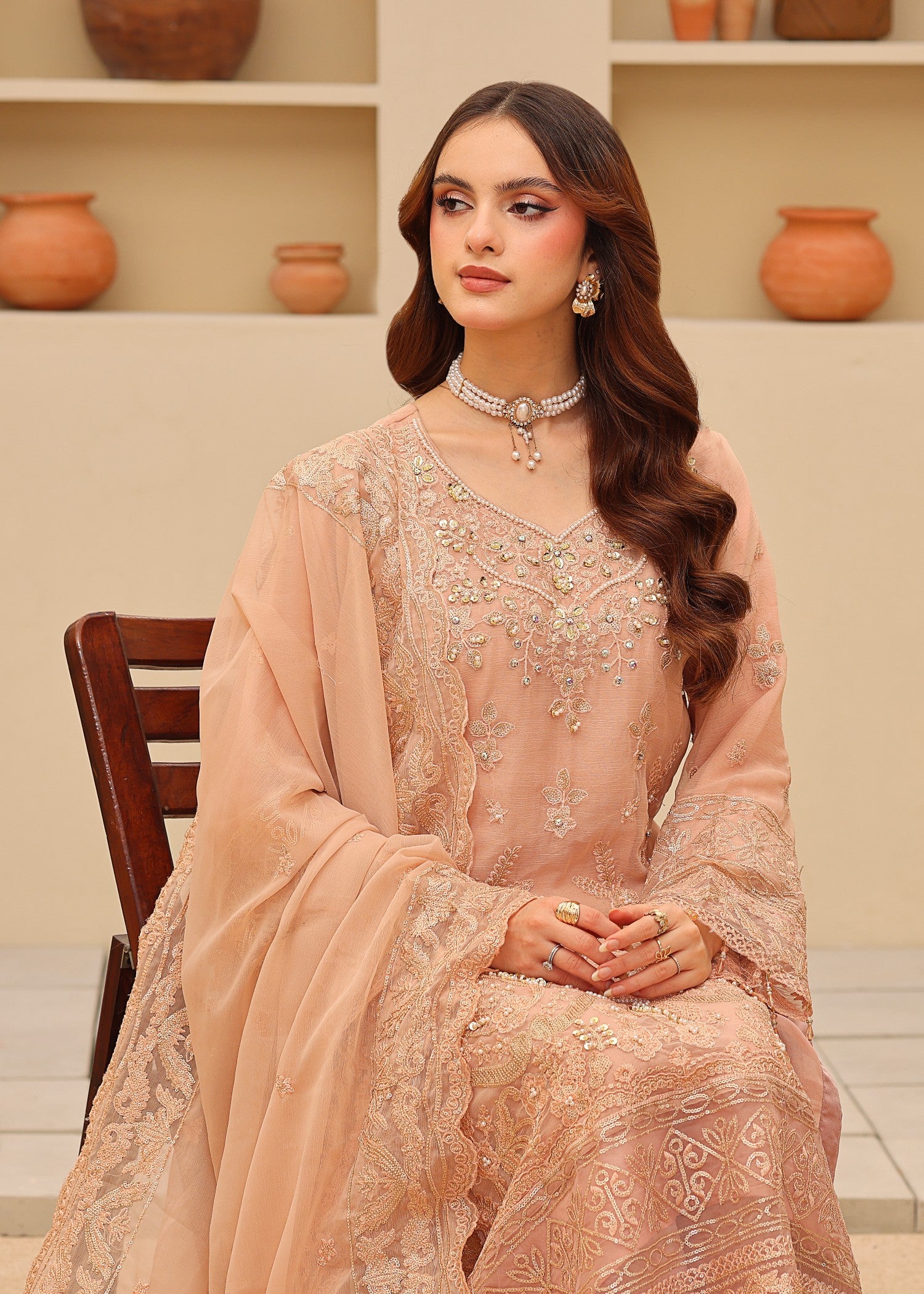 chiffon Kurta Set in Peach orange