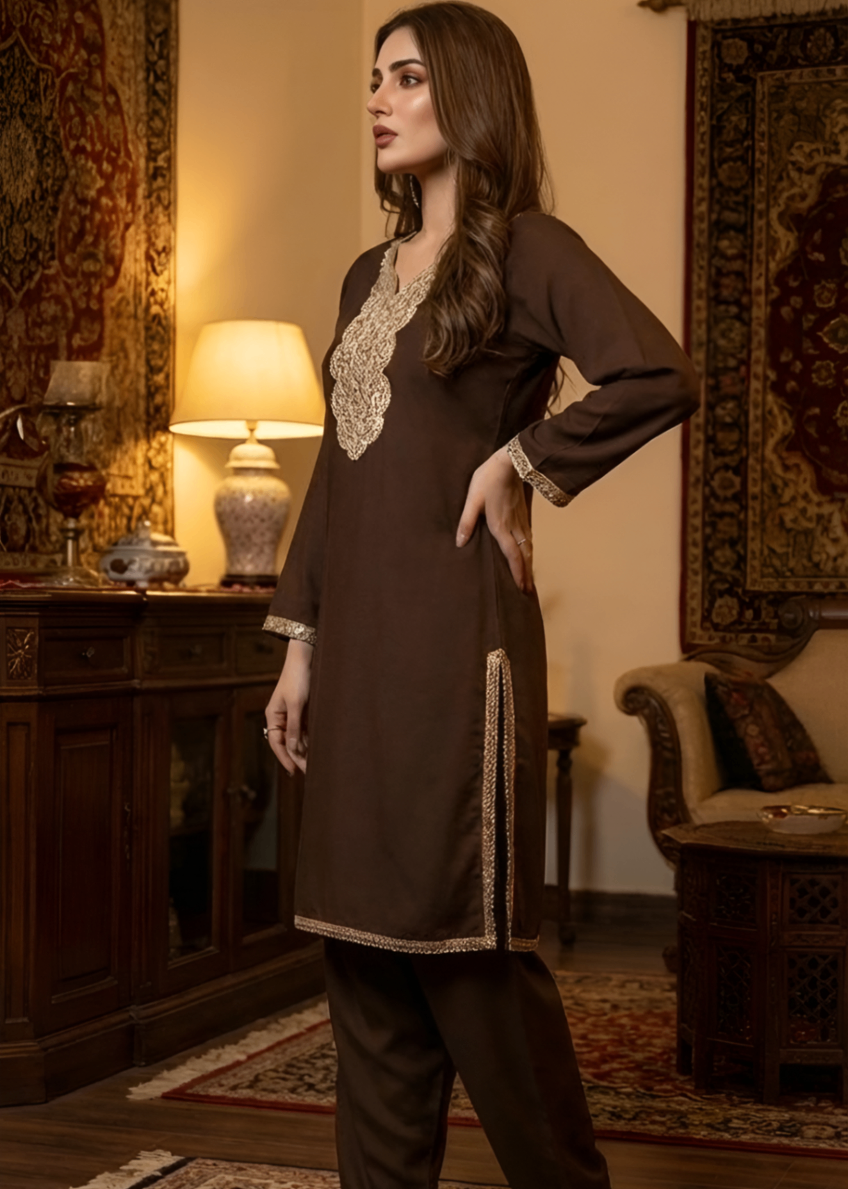 georgette Kurta Set in Coffee brown