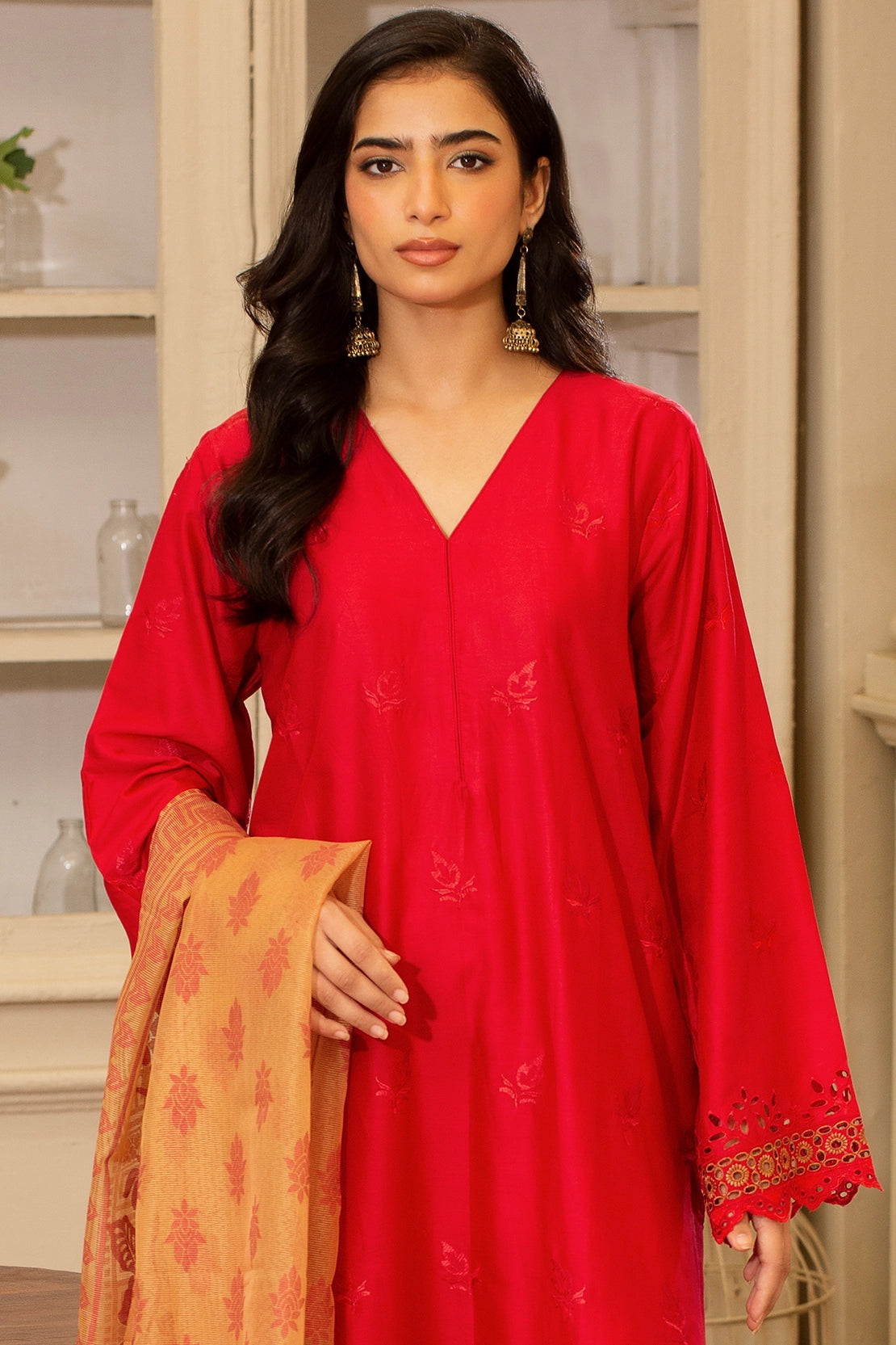 zari lawn Unstitched in Orange