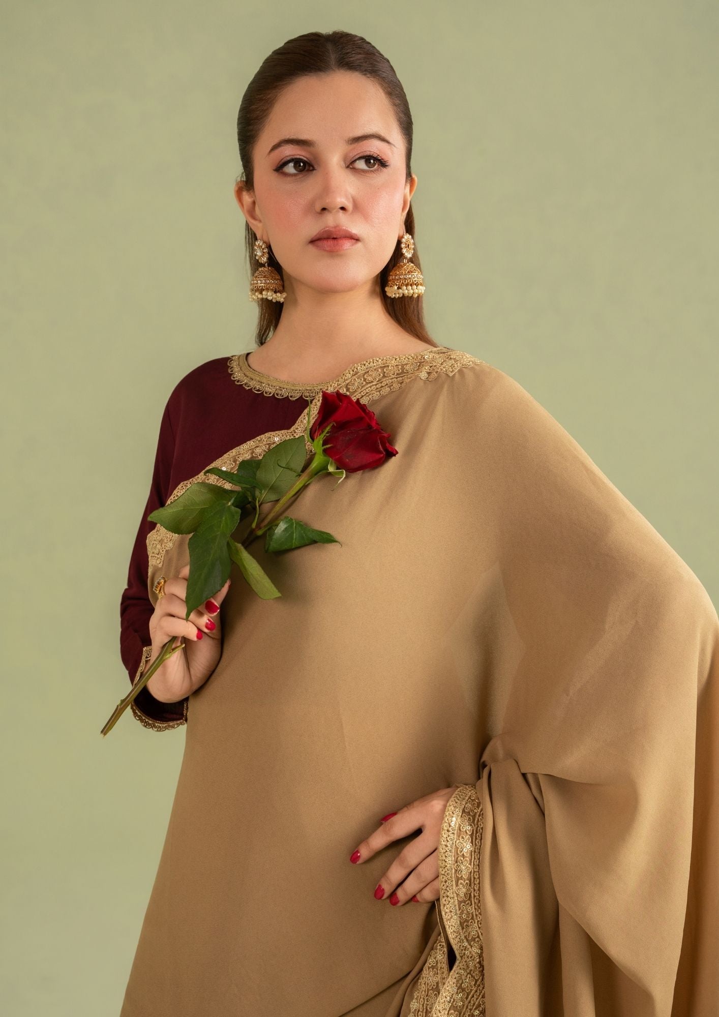 georgette Saree in Maroon, camel brown
