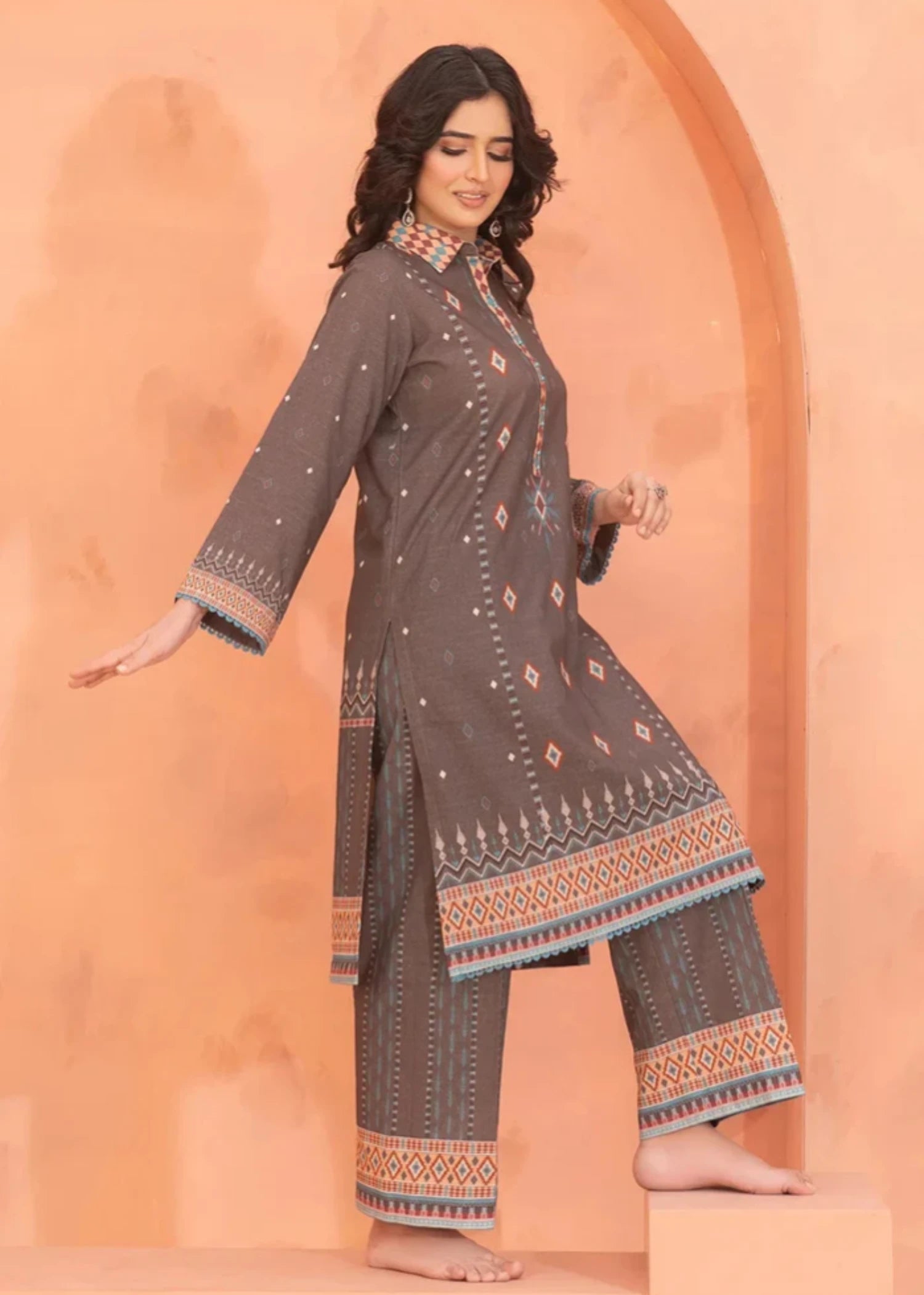 khaddar Unstitched in Almond brown
