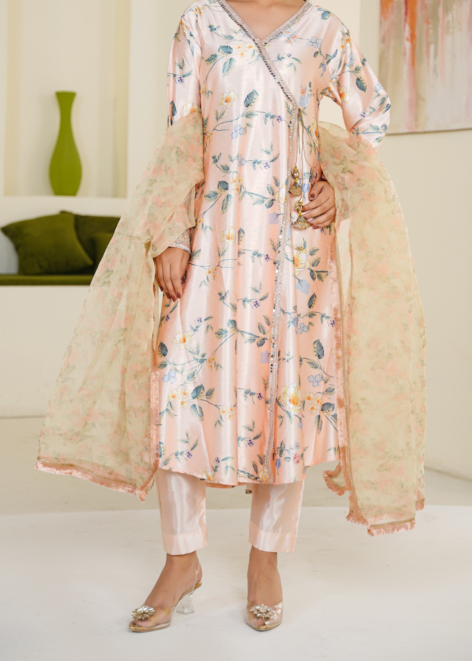 silk Angrakha in Peach pink, steel blue, steel teal