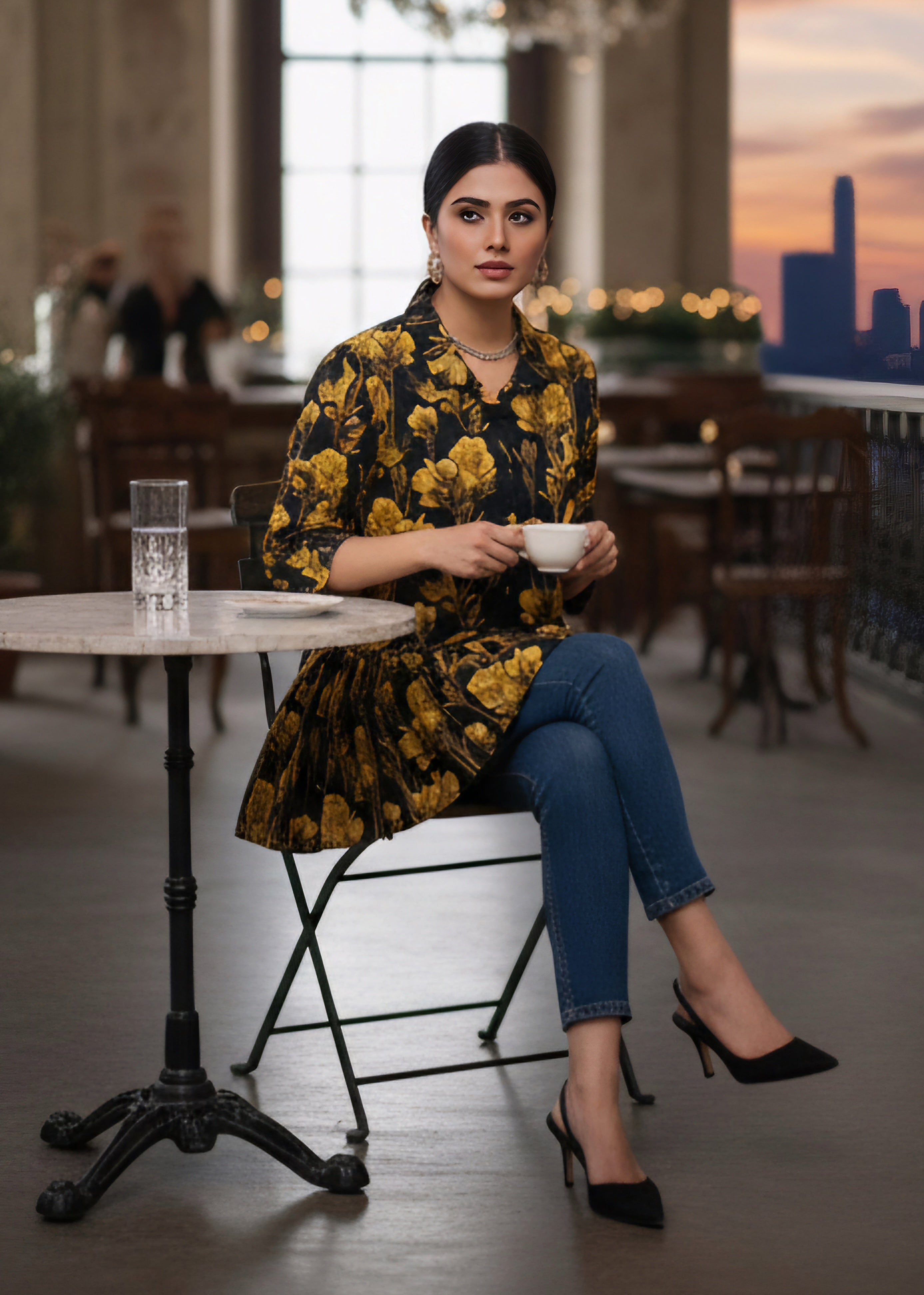 slub khaddar Top in Black, gold