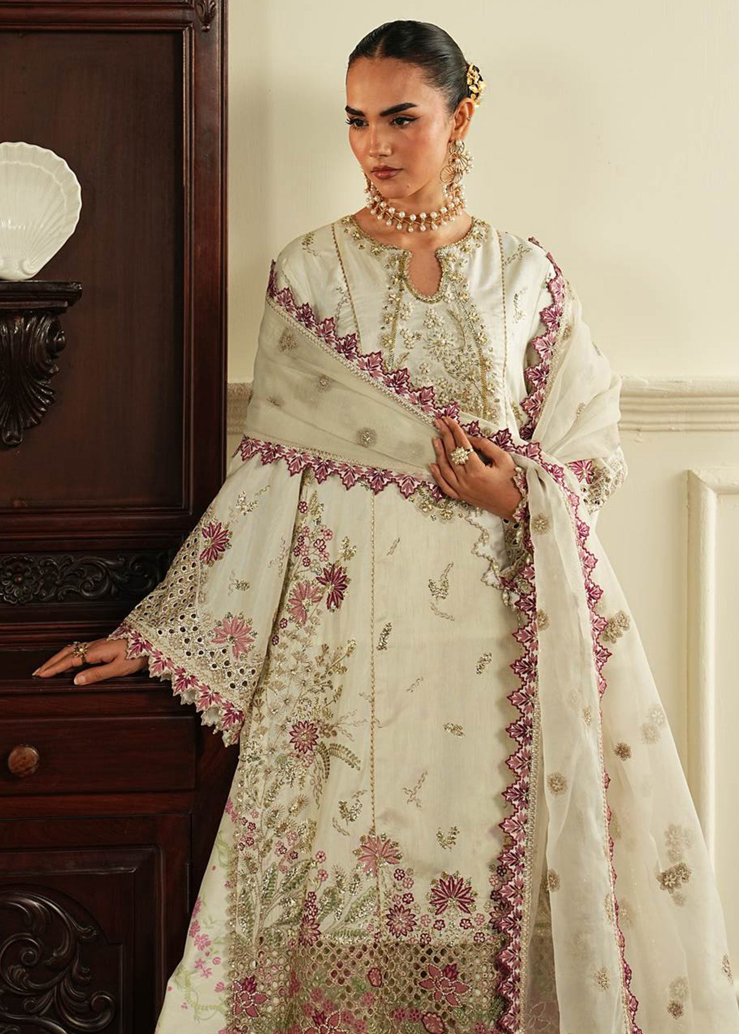 korean raw silk Sharara in White