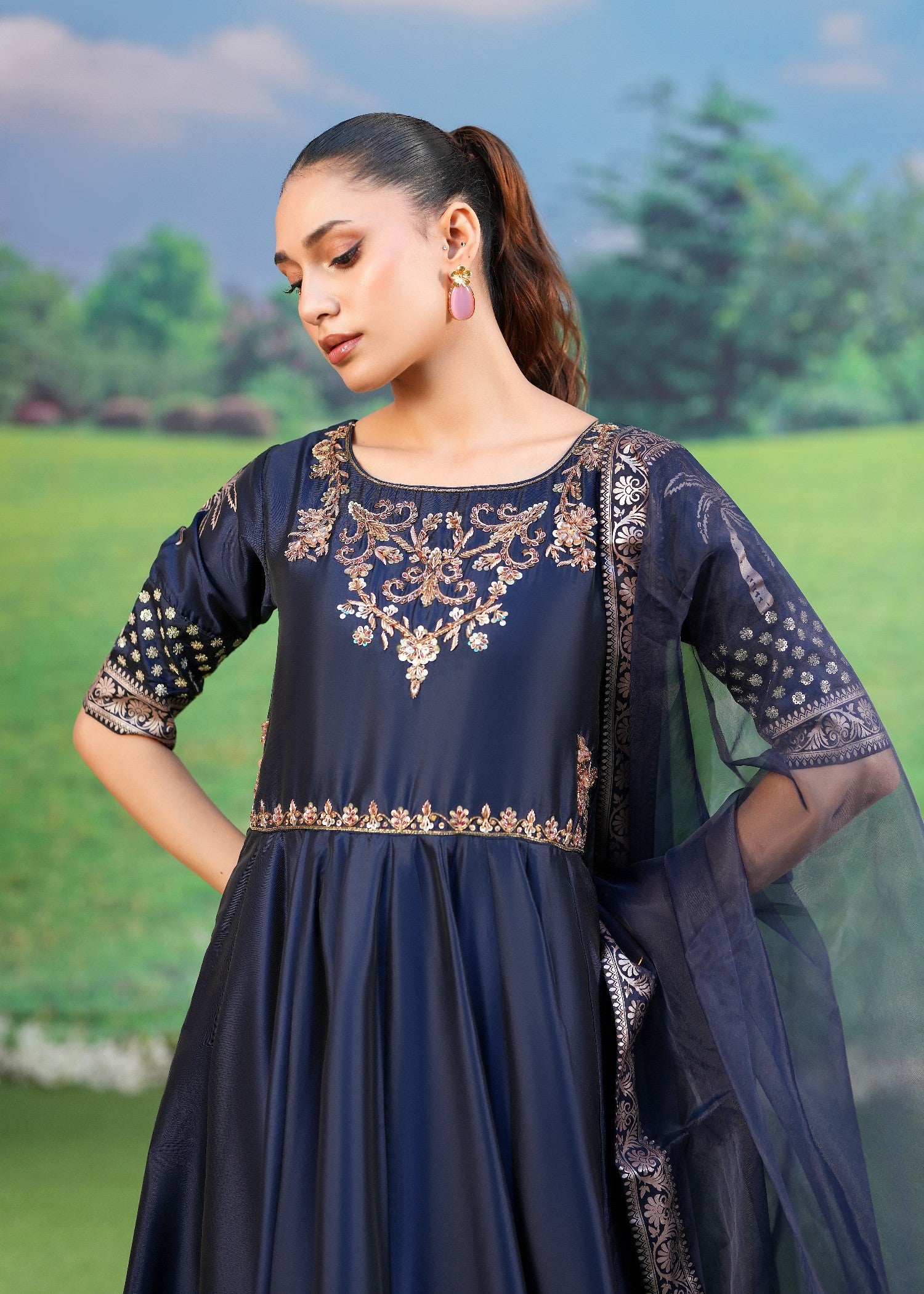 kattan silk Pishwas in Navy blue
