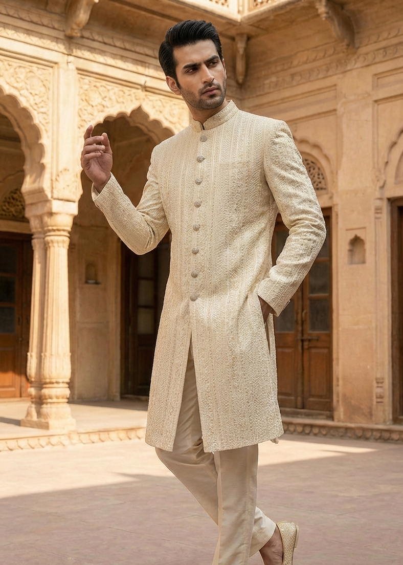 silk Sherwani in White, gold, ivory by Dulha Fashion House
