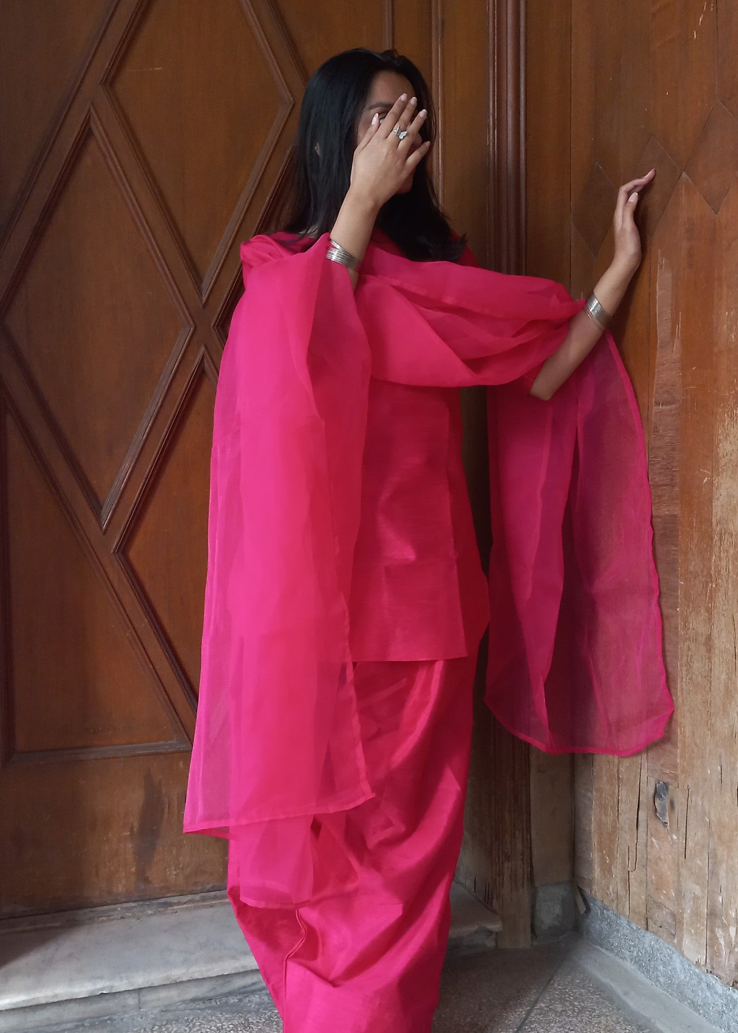 silk Kurta Set in Fuchsia pink