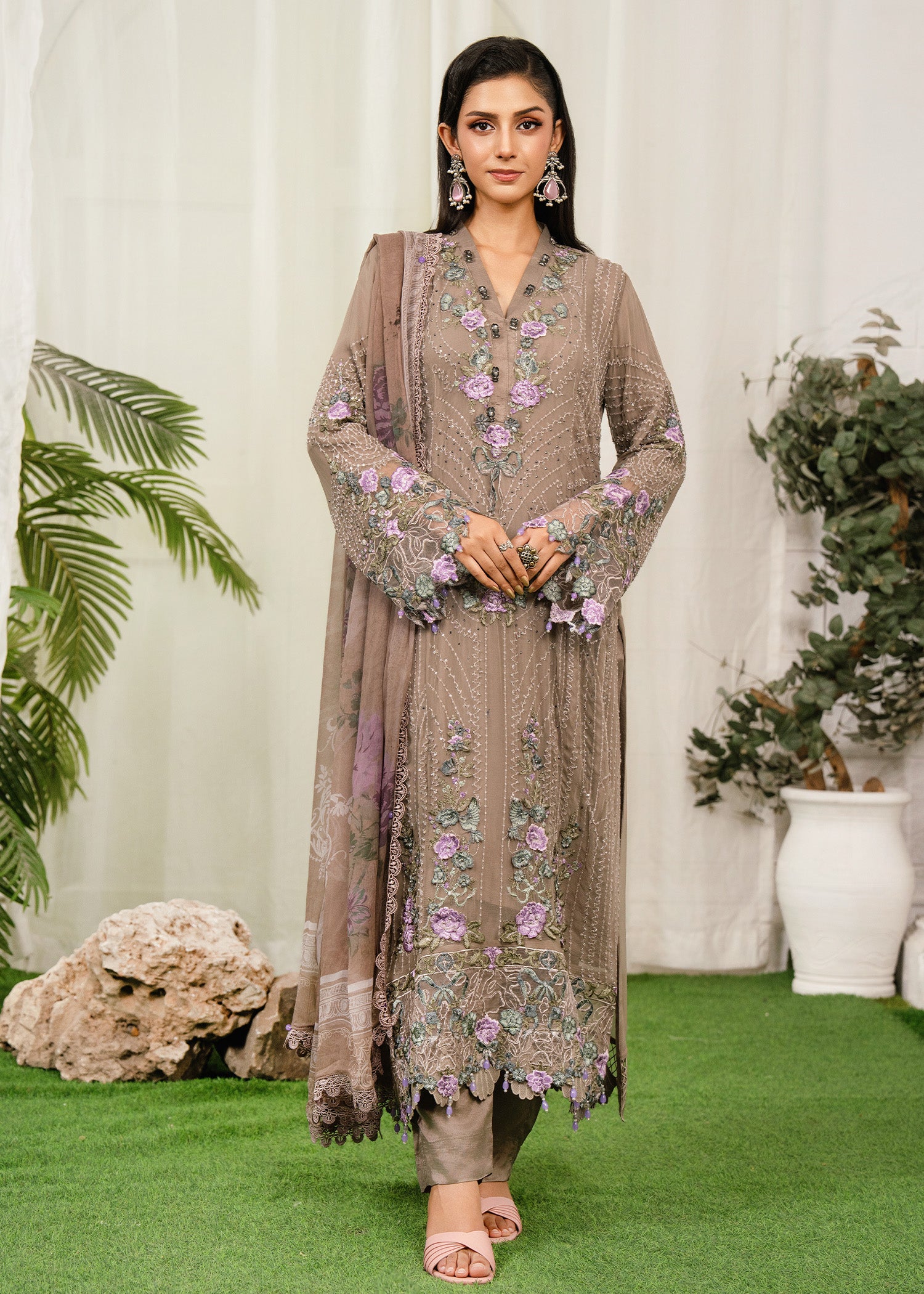 chiffon Kurta Set in Dark grey