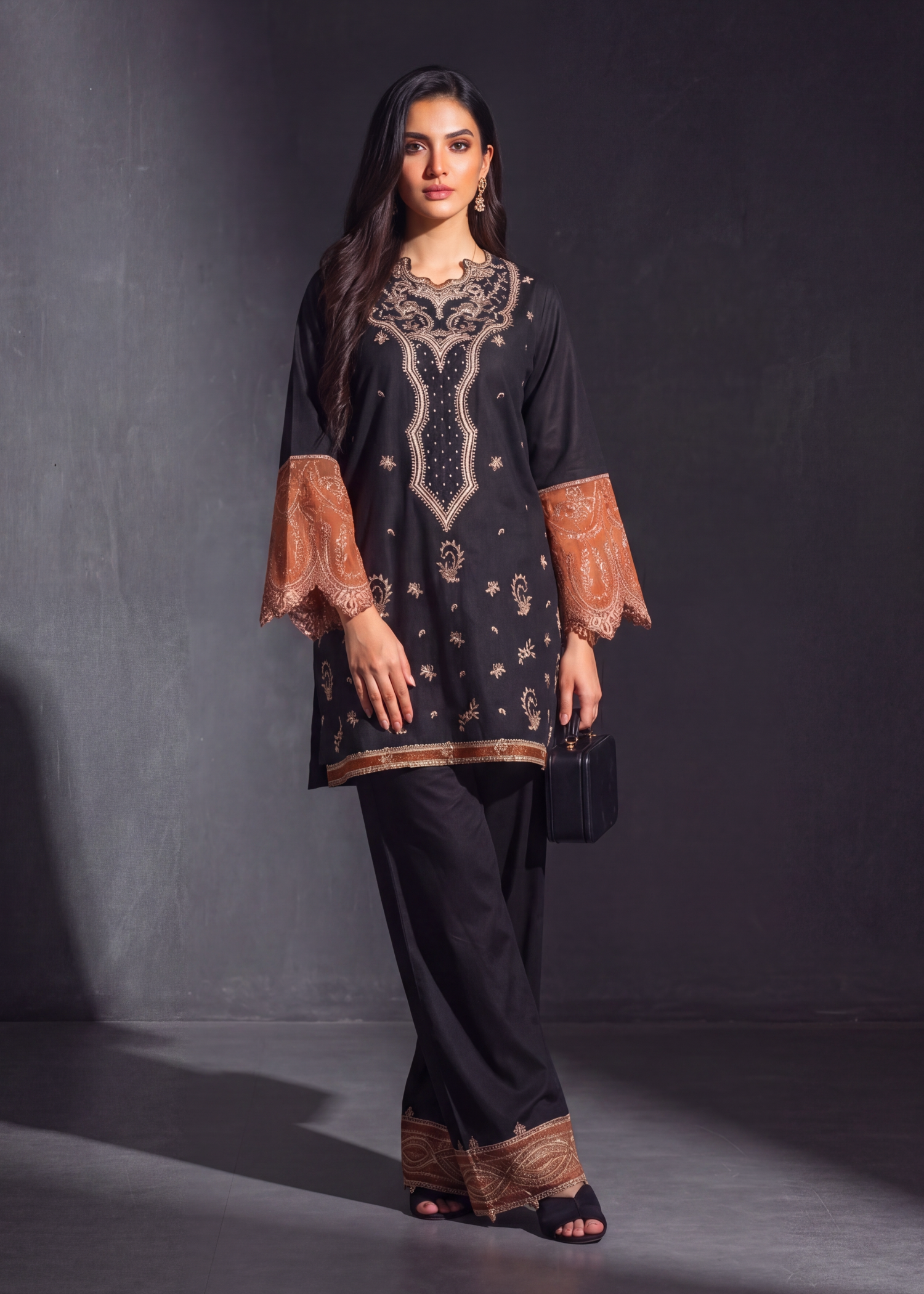cotton Kurta Set in Black, pumpkin orange