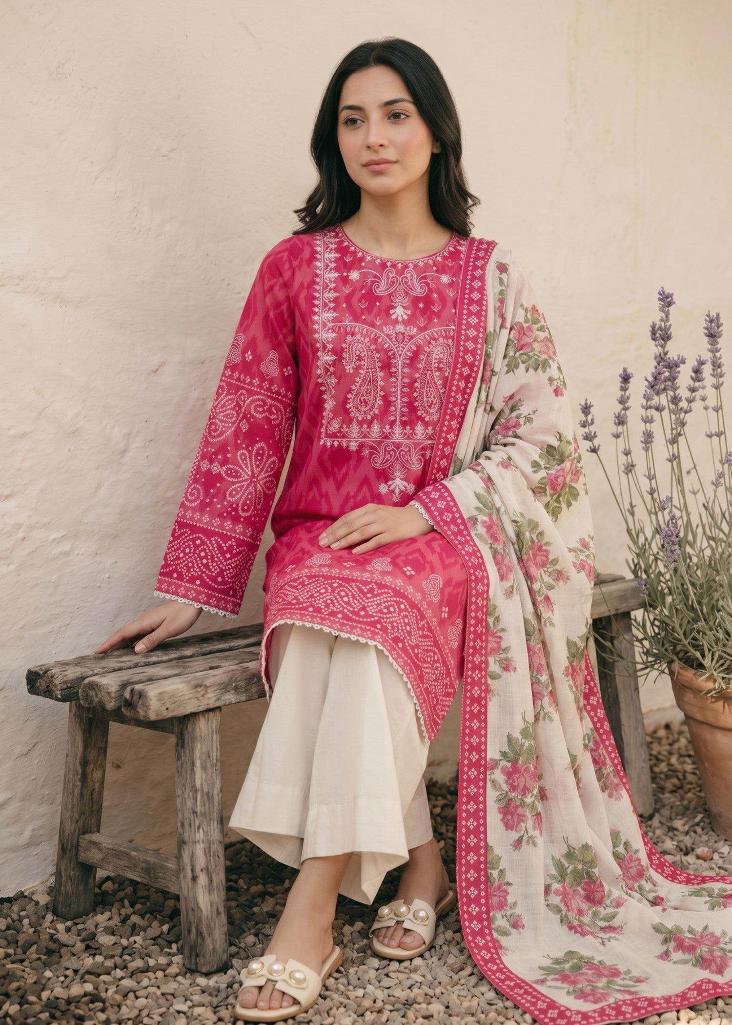 cross hetch Kurta Set in Pink, off-white