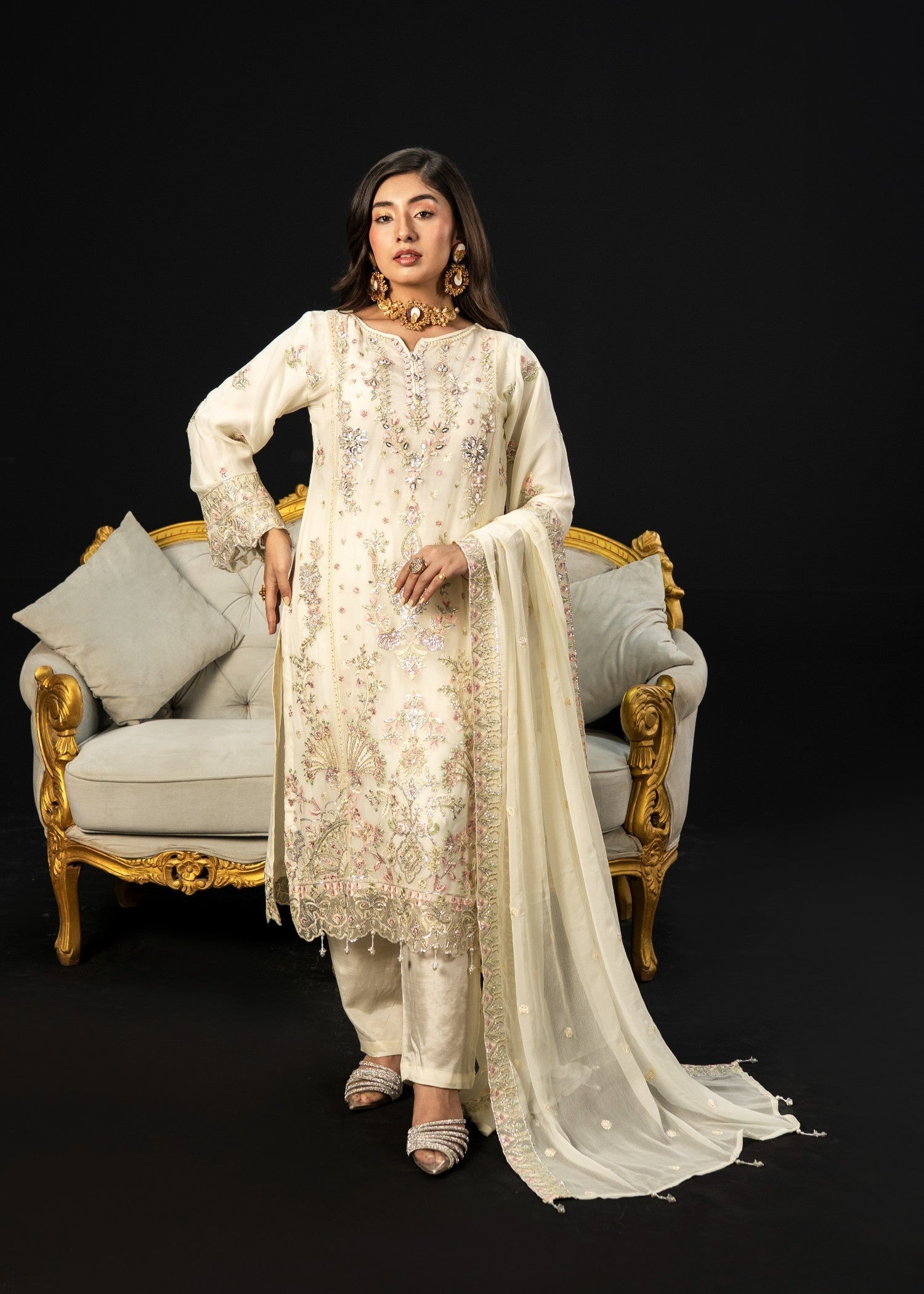 crinkle chiffon Kurta Set in Ivory