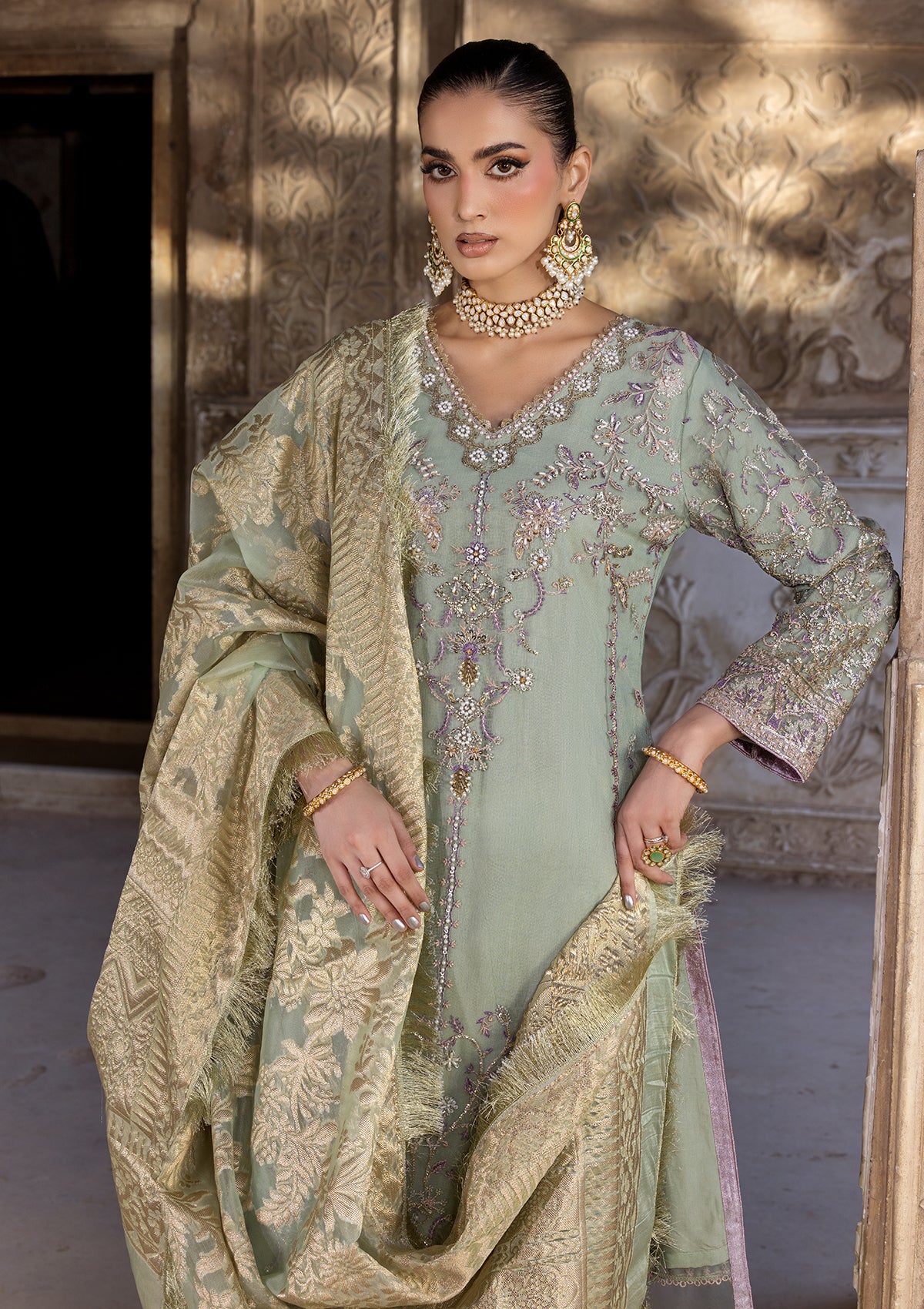 net Kurta Set in Moss green